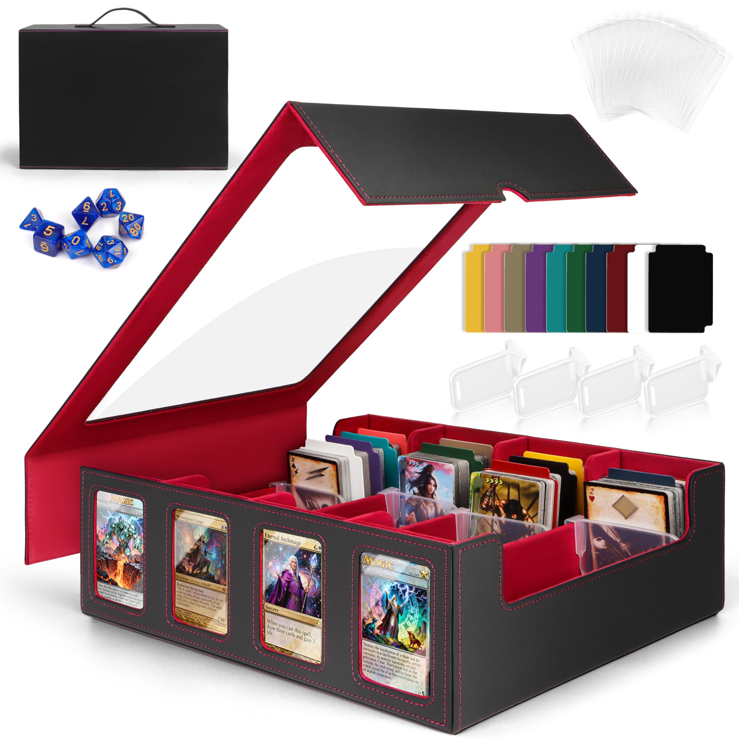 Charmofun Deck Box per Carte, Magnetic Scatola di Carte da Collezione per Oltre 2800+, Porta Deck con Pelle PU e Chiusura Magnetica, 10 Divisori per Carte, 4 Clip Divisorie (Rosso, 2400+)
