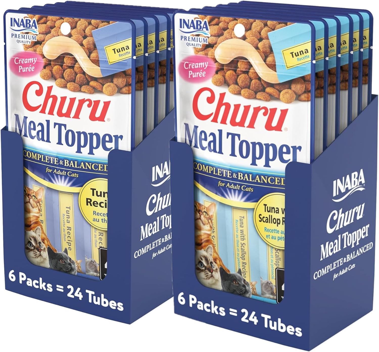 INABA Churu Meal Topper for Cats, Complete & Balanced, Creamy, Lickable Purée Cat Food Topper, 0.5 Ounce Tube, 48 Tubes (4 per Pack), 2 Flavor Variety Pack