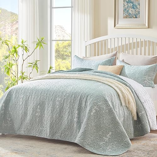 Miniatura 2 de SunStyle Home Juego de edredón de tamaño Queen, colcha ligera de microfibra suave reversible con patrón acolchado de verano para todas las