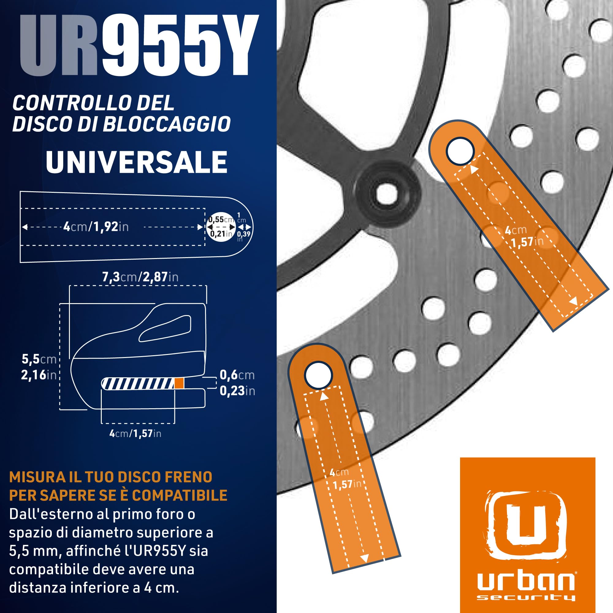 URBAN UR955Y Blocca Disco per Moto Universale, Sicurezza Compatta ed Efficace, Antifurto Moto Più Visibile e Deterrente, Bloccadisco Rapido Click, Lucchetto Bici Monopattino Elletrico, Cavo Promemoria