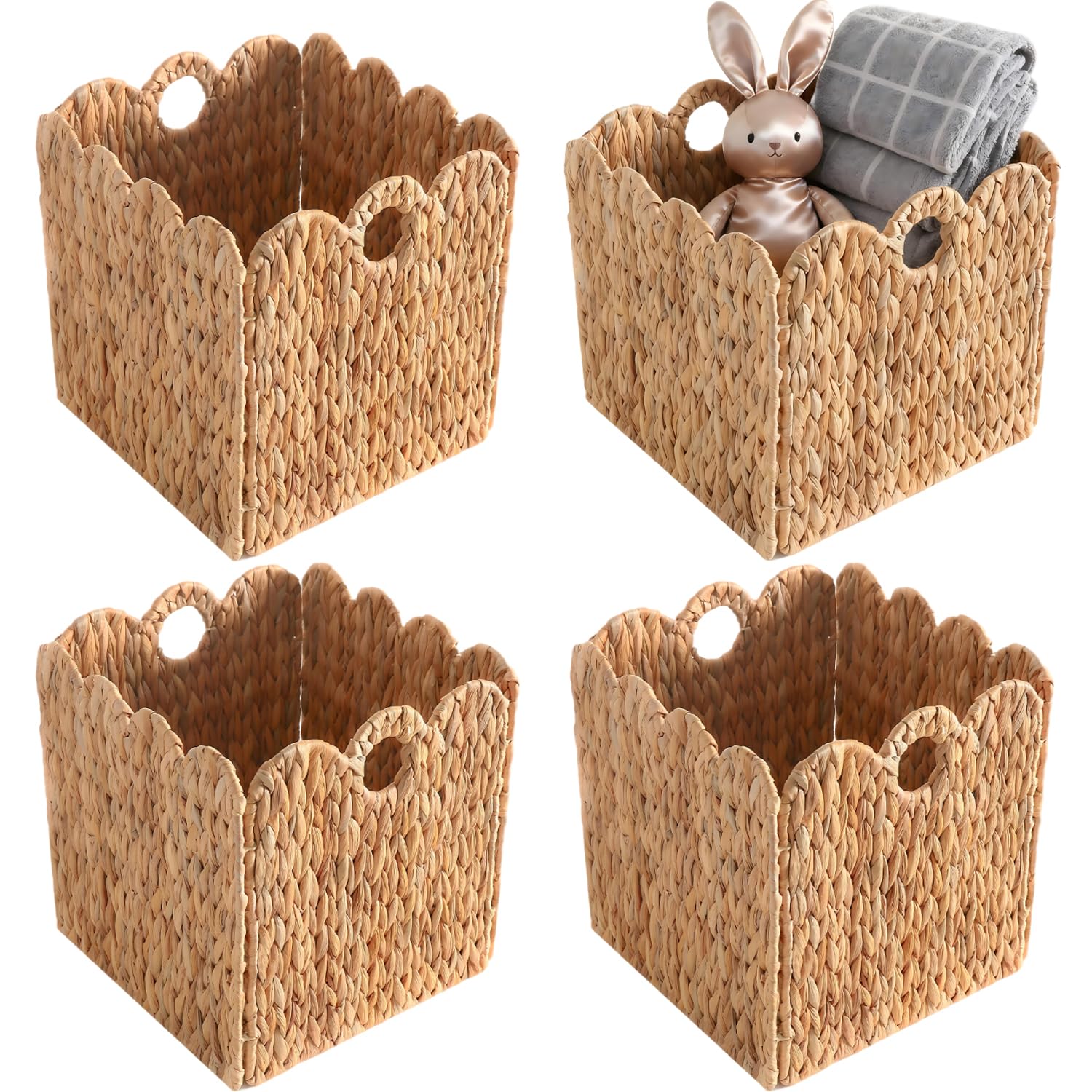 Scalloped Wicker Storage Cubes Basket, 12”x12“ Heavy Duty Paper rope/Hyacinth/Seagrass Baskets for Shelves, Foldable Natural Boho Square Bins (Water Hyacinth, 12 x 12 x 12in, 4-Pack)