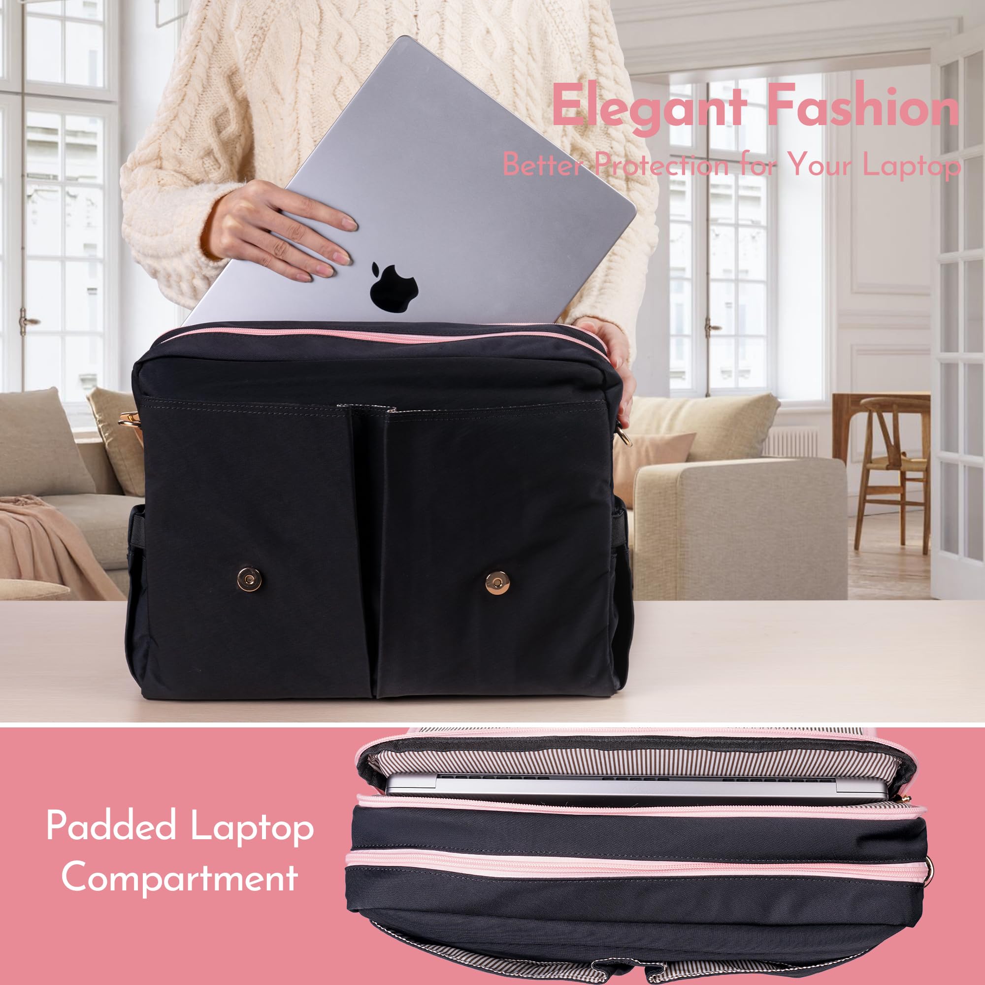Bolsa de lona para laptop para mujer; bolsa de trabajo ligera tipo mensajero; bolsa grande con cremallera para la escuela, 17 bolsillos