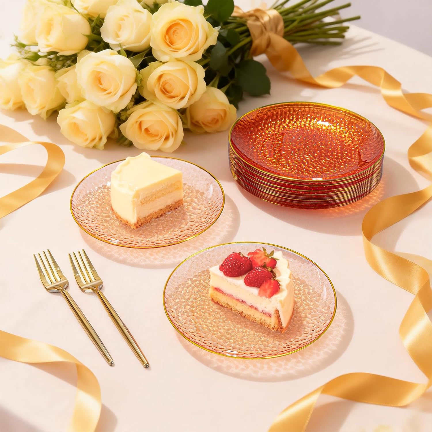 Rubtlamp 200Pcs Orange Plastic Dessert Plates, 6inch Easter Small Plates with Gold Rim,Orange Hammered Appetizer Plates with 100 Pcs Gold Forks, Fancy Salad Platos for Party Wedding Birthday Teatime