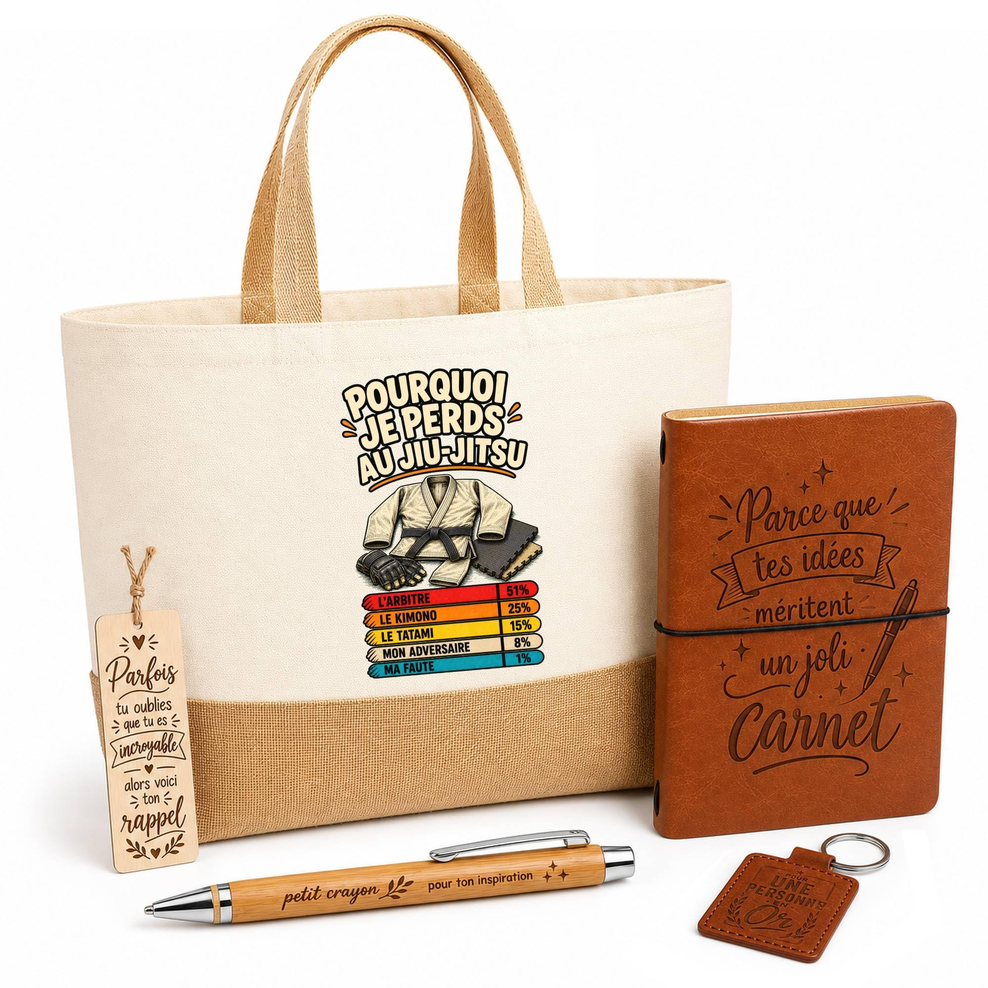 Planetee Coffret Cadeau Jiu Jitsu Pourquoi je perds | Sac Cabas Coton et Jute 18 L, Carnet, Stylo Bambou, Porte-Clés, Marque-Page | 5 Pièces Gravées | Anniversaire Noël