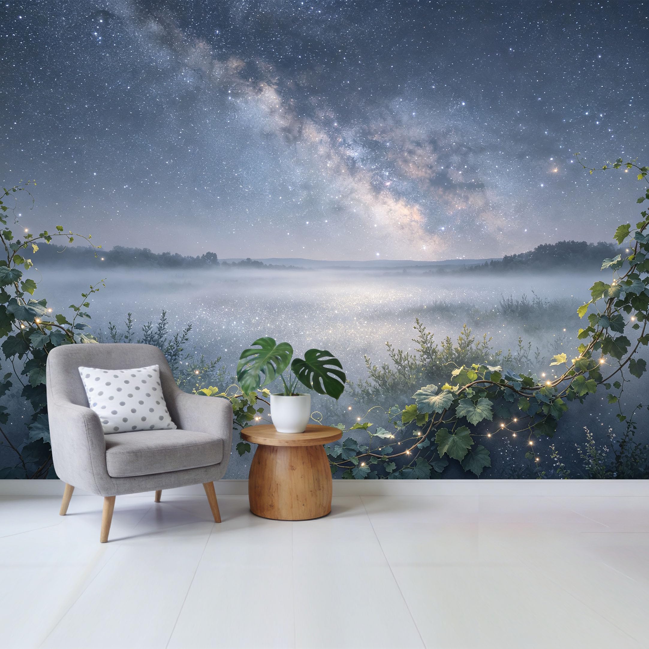 Qzlithotic Yq2605250458 Custom Size Wall Mural Milky Way Galaxy Foggy Night Landscape Glowing Vine Leaves Selfadhesive Wall Fabric Removable Wallpaper For Home Office Decor