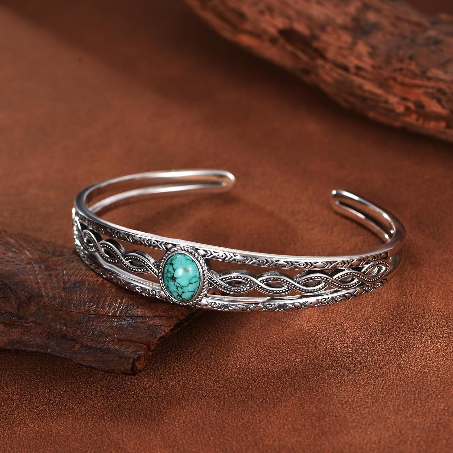 Genuine Turquoise Large Bracelet, Sterling Silver Boho Adjustable Western Bangle Cuff Native American Jewelry, Fit for 6.5 7 7.5 Inches - Image 6