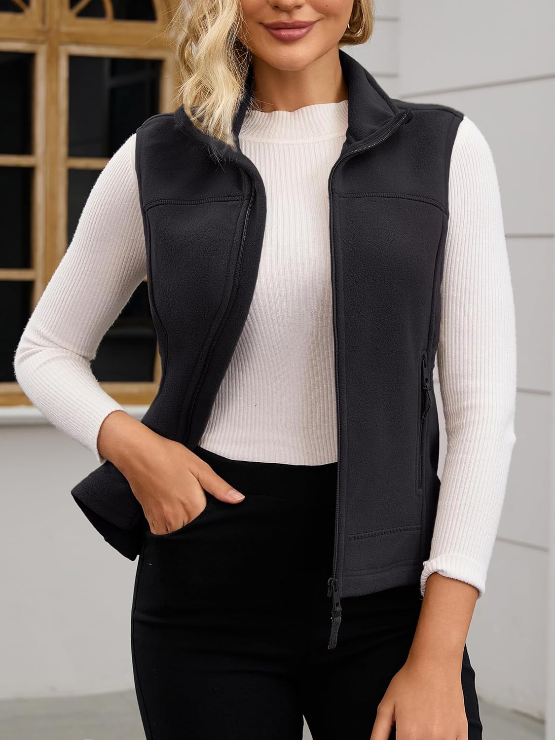 Women's Full-Zip Soft Polar Fleece Vest with Side Pockets Warm Fashion Stand Collar for Fall and Winter - Image 2