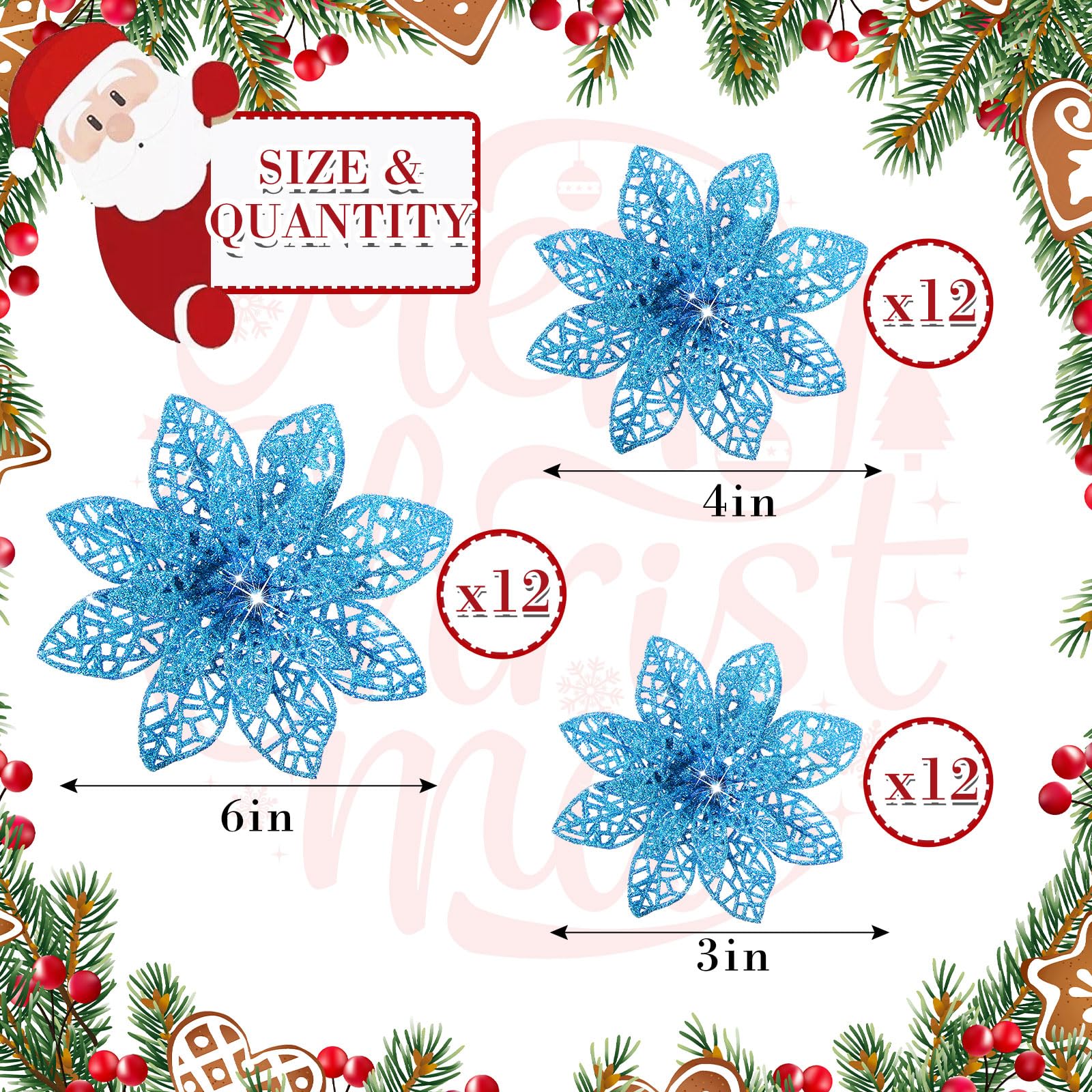 36 Pieces Christmas Glitter Poinsettia Flowers Wedding Glitter Flowers Christmas Tree New Year Ornaments (Lake Blue) - Image 3