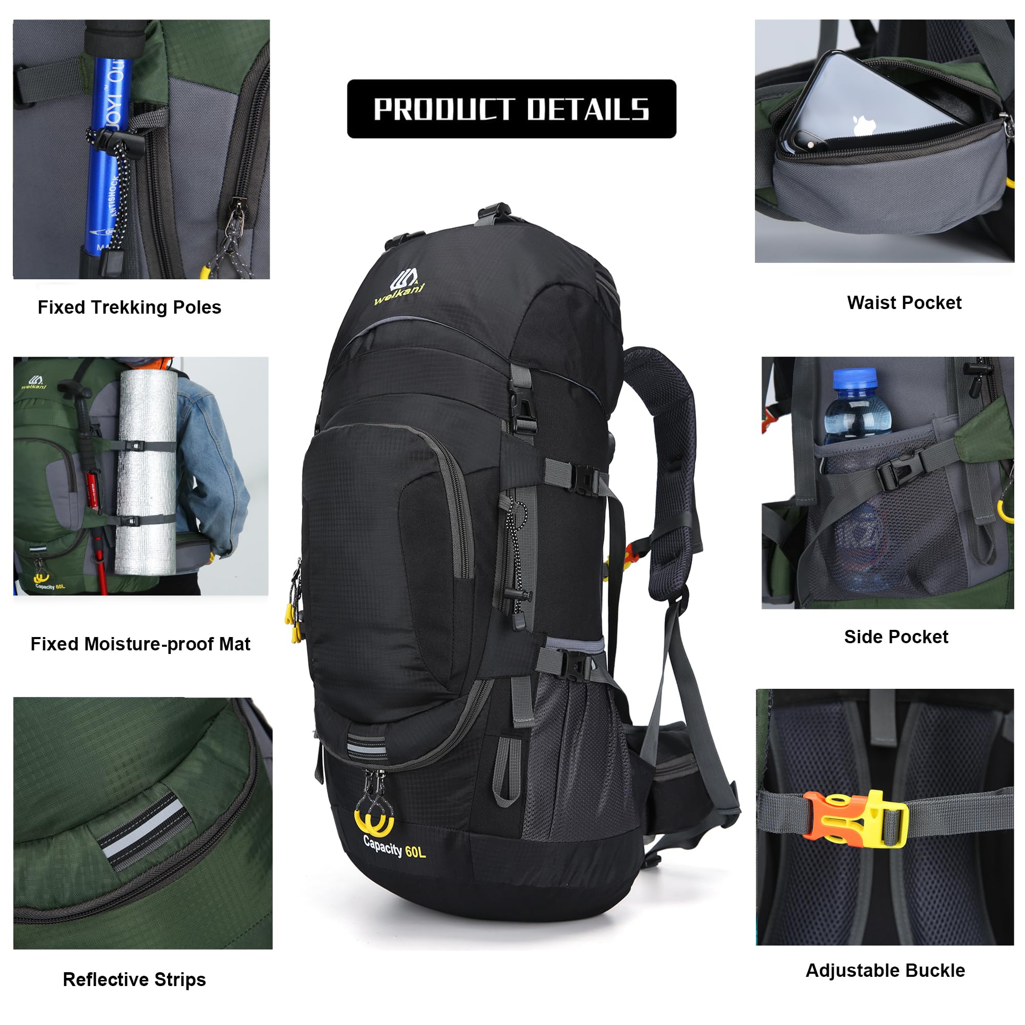 Mochila de senderismo de 60 litros con cubierta para la lluvia, impermeable, ligera, mochila de viaje al aire libre, mochila grande para hombres y mujeres, mochila de día de alta capacidad