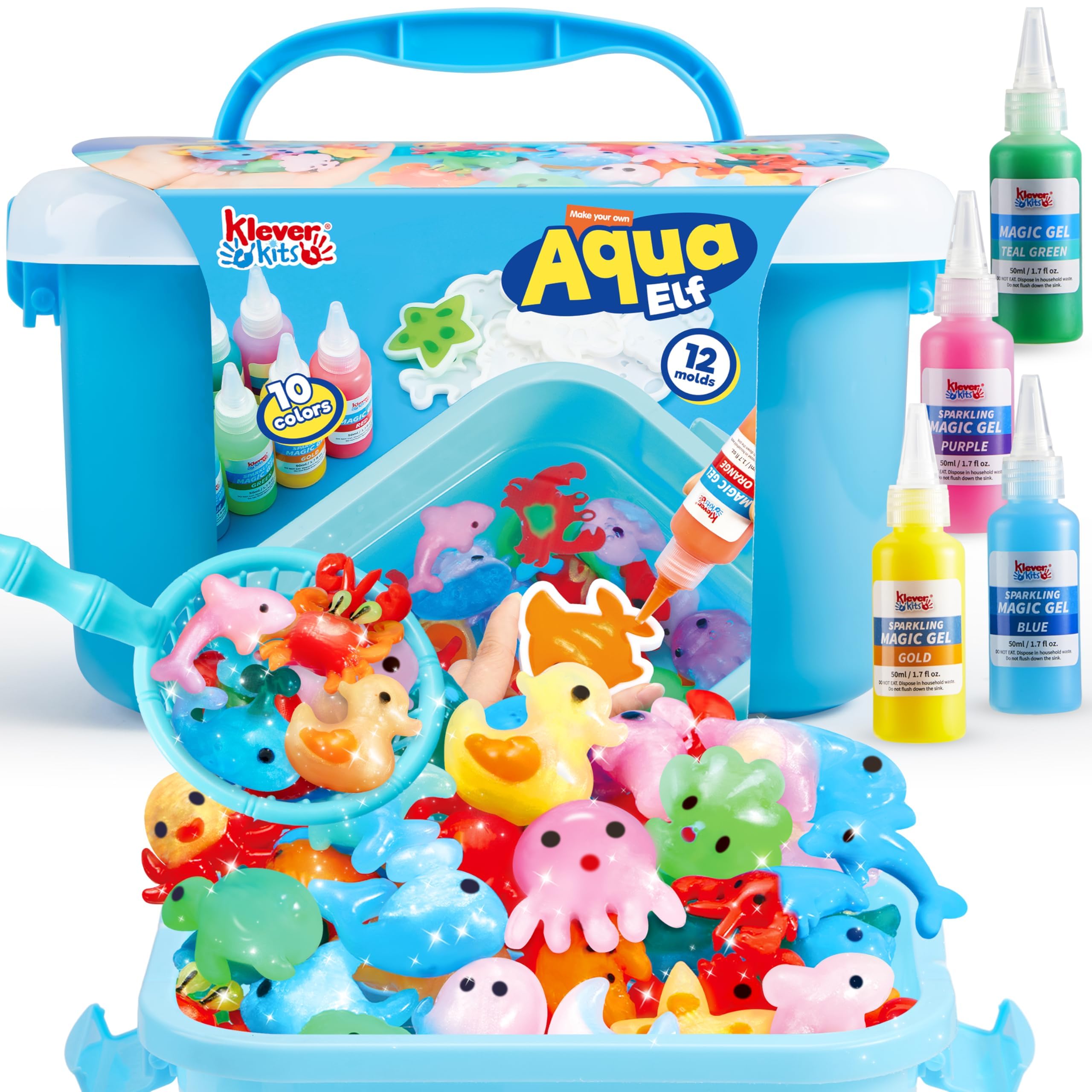 Klever Kits Aqua Elf Water Gel Kit, Magic Fairy Water Toy Kit with 10 Magic Gels, 12 Sea Creature Molds for Presents, Birthday Gifts, Party Favors, Arts & Crafts DIY STEM Kits for Kids