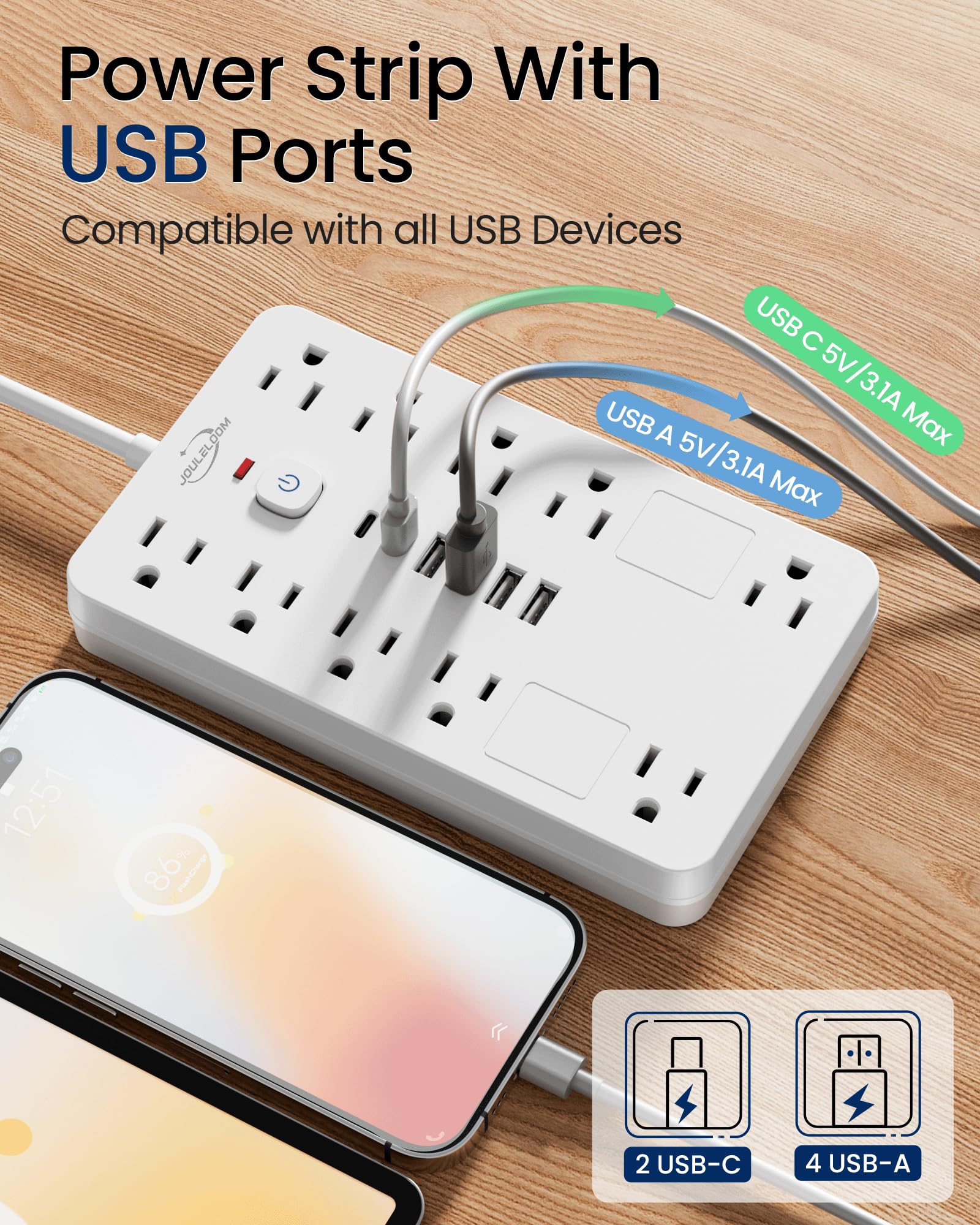 JouleLoom - Regleta de protección contra sobretensiones, 10 Salidas (1850 W/15 A) con 6 Puertos USB (2 USB C), Cable de extensión de 6 pies para Montaje en Pared, listado ETL para el hogar