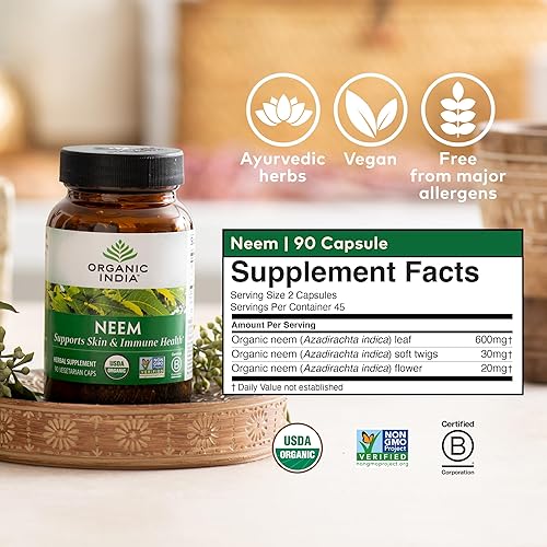 Miniatura 7 de ORGANIC INDIA Neem Leaf Cápsulas  Suplemento de hierbas, apoya la salud de la piel y el sistema inmunológico, vegano, sin gluten, certificado