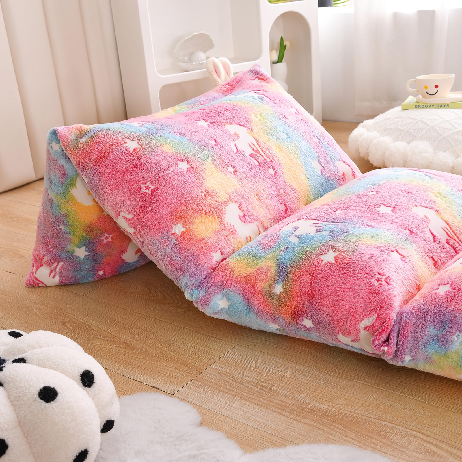 ZIQINPSQ Velvet Floor Pillow Case,Unicorn Glow in The Dark Mattress Bed Lounger Cover,Pillow Bed Floor Lounger Cover,Recliner Floor Pillow for Girls Boys (Pink - Image 4