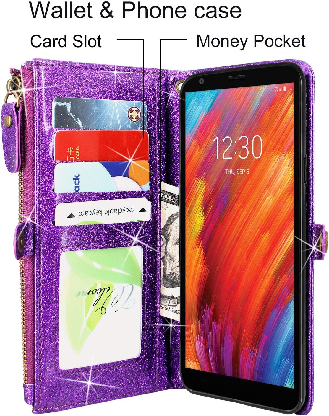 Zipper Wallet Case Cover for LG Aristo 4 Plus, LG Arena 2, LG Tribute Royal,Journey LTE L322DL,Escape Plus,LG Neon Plus K30 (2019) LM-X320 (Bling Purple)