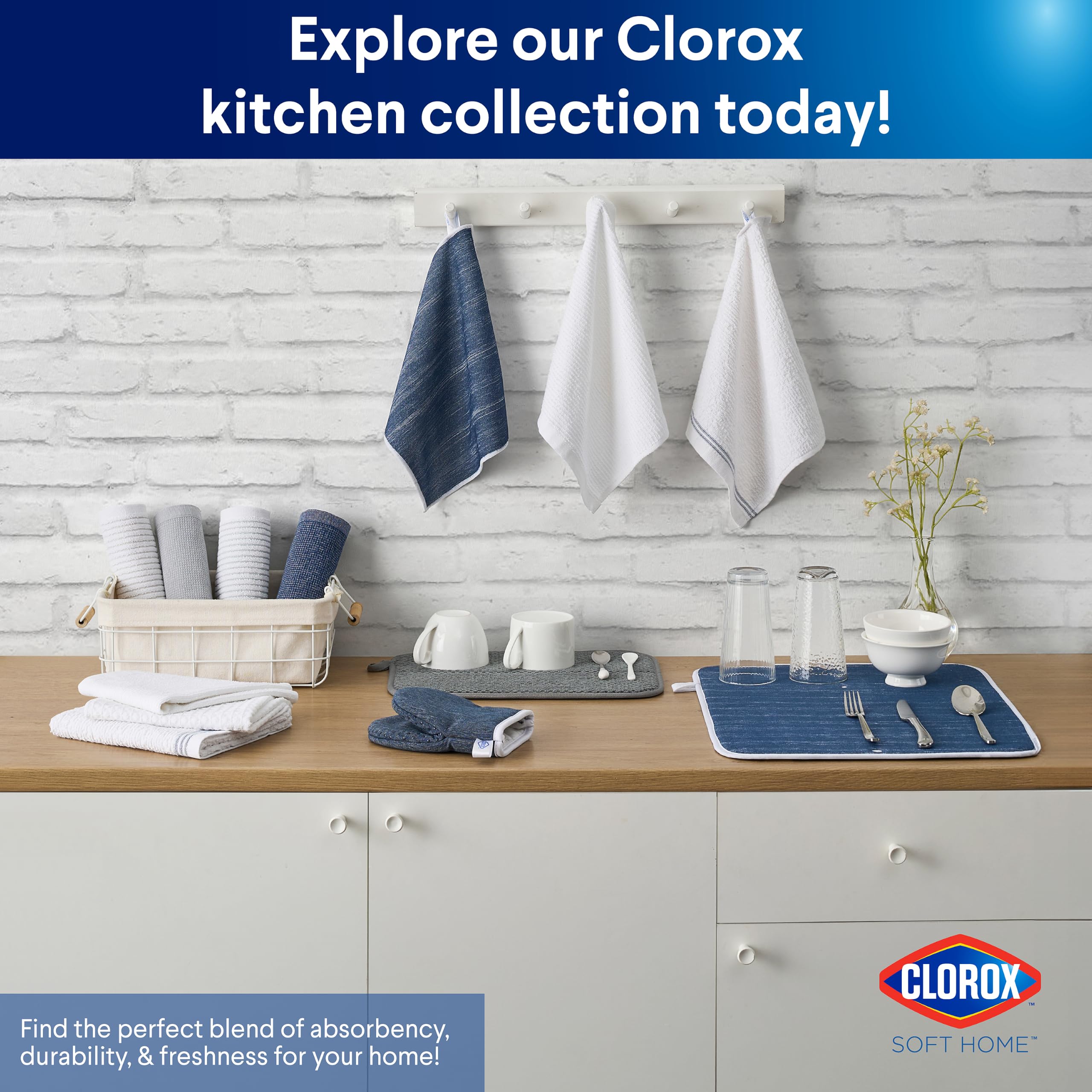 CLOROX Ensemble de cuisine de qualité supérieure – Parfait pour le nettoyage et la manipulation de la vaisselle – 2 torchons de cuisine en coton, 2 mini gants de cuisine, 1 tapis de séchage, 2