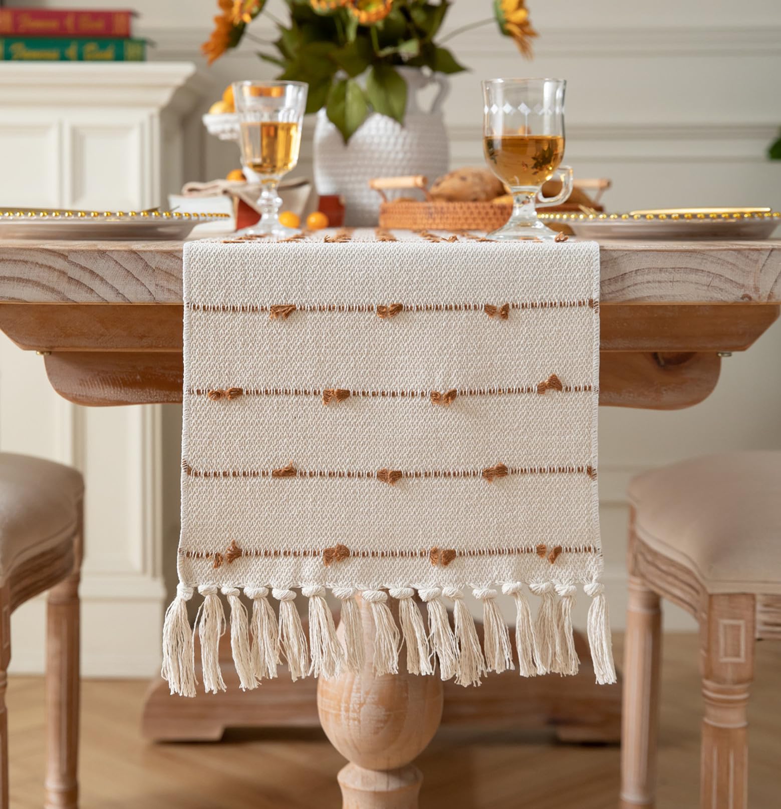 Caflife Boho Table Runner 48 Inchs Long for Modern Farmhouse Room Home Decor, Brown and Beige Coffee Table Runner, Natural Cotton Woven with Tassels