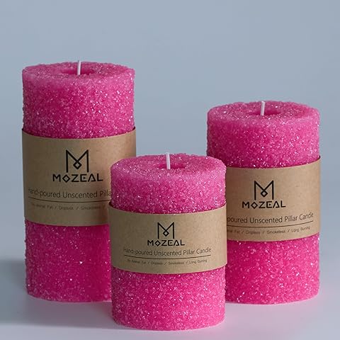 MOZEAL Hand-Poured Granular Texture Decorative Hot Pink Pillar Candles Set of 3 (3