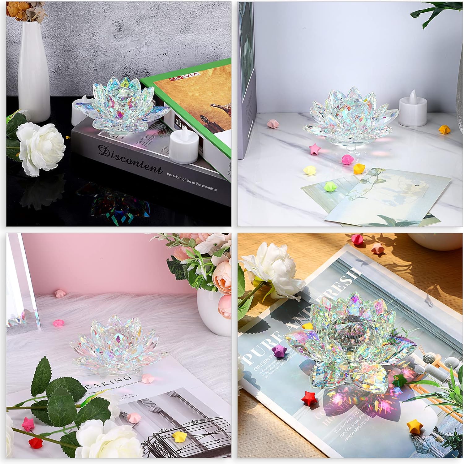 OwnMy Sparkle Crystal Lotus Flower Figurines Decorative Lotus Flower Ornament, 5 Inch Glass Lotus Feng Shui Decor Crystal Flower Paperweight for Home Office Tabletop Centerpieces - Image 7