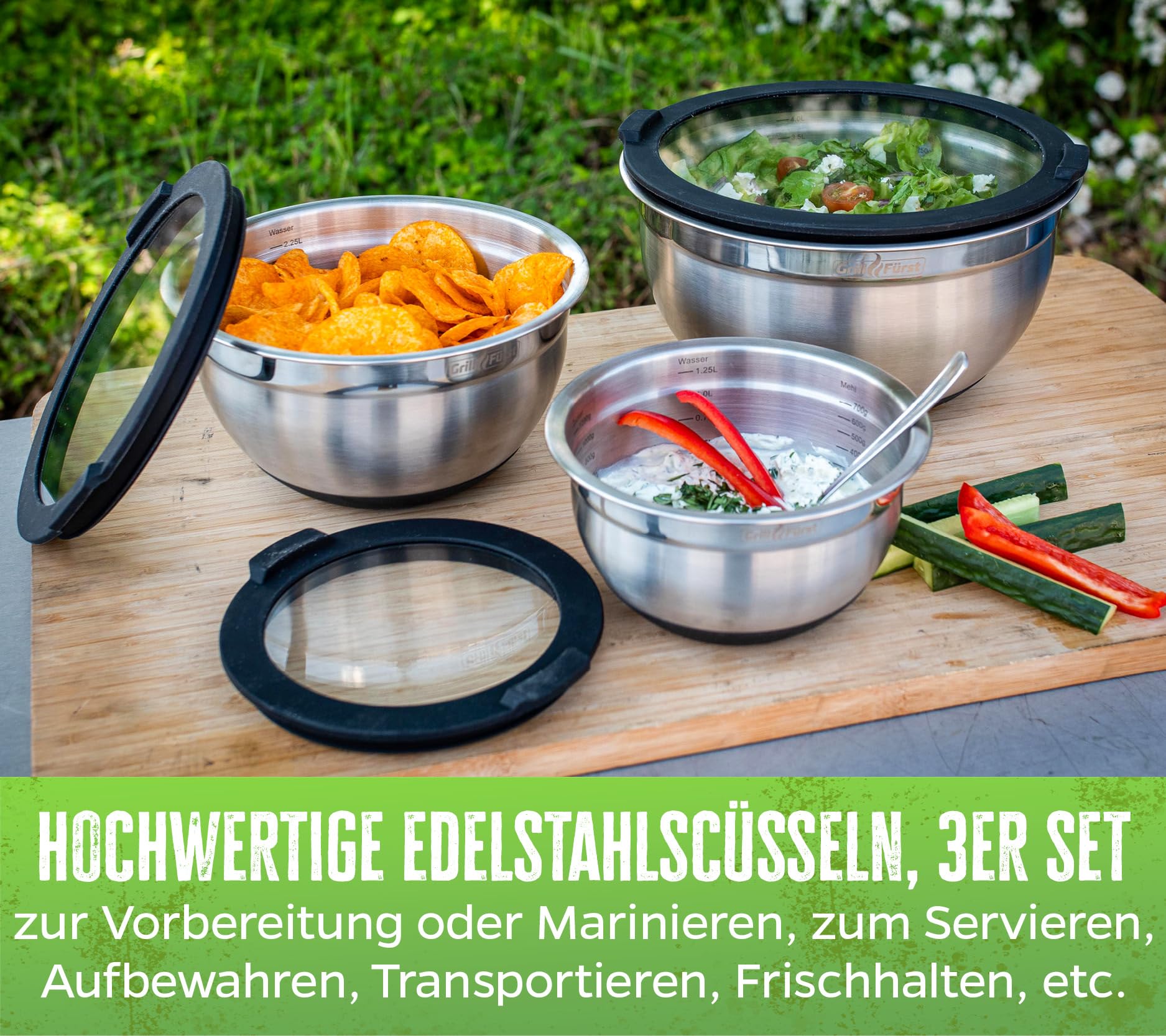 Grillfürst BBQ Edelstahlschüssel Set 3-teilig mit luftdichtem Glasdeckel und Messmarkierung - Rührschüsseln - Salatschüsseln - 1,25l, 2,25l, 4,0l