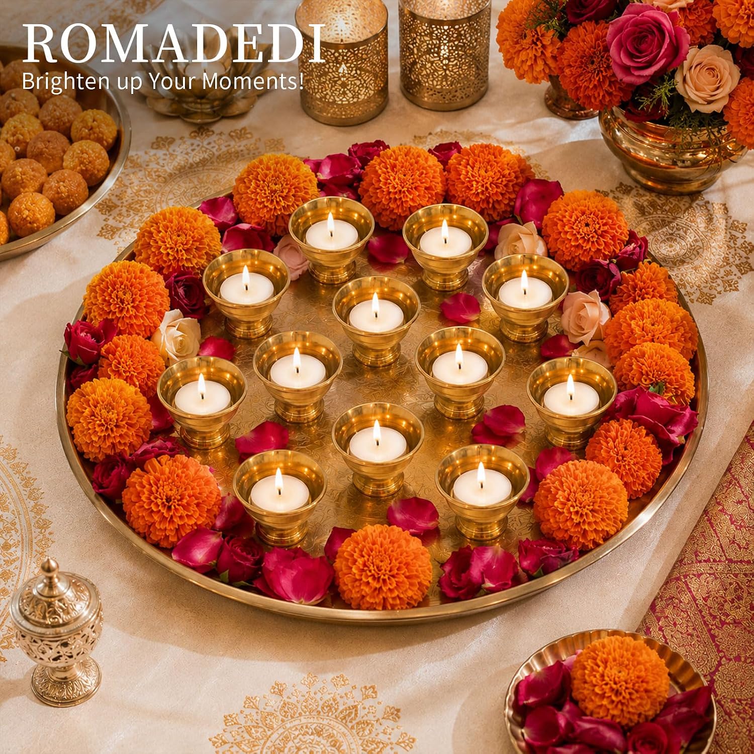 Romadedi Brass Diwali Diya, 6 Pack Gold Pooja Lamps Set, 1.7 in high