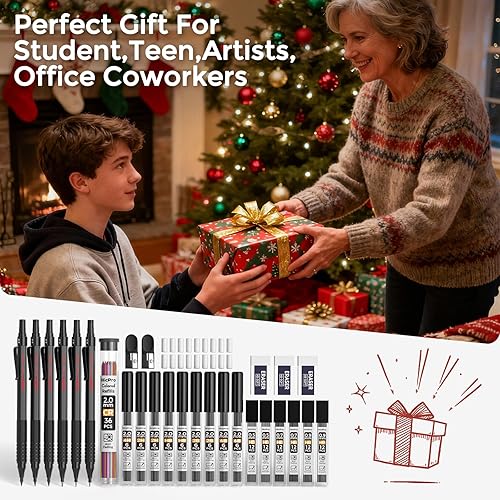 Miniatura 4 de Nicpro Juego de 30 lápices mecánicos de metal negro en estuche de cuero, lápices de dibujo de arte de 0.5, 0.7, 0.035 in, soportes para lápices de