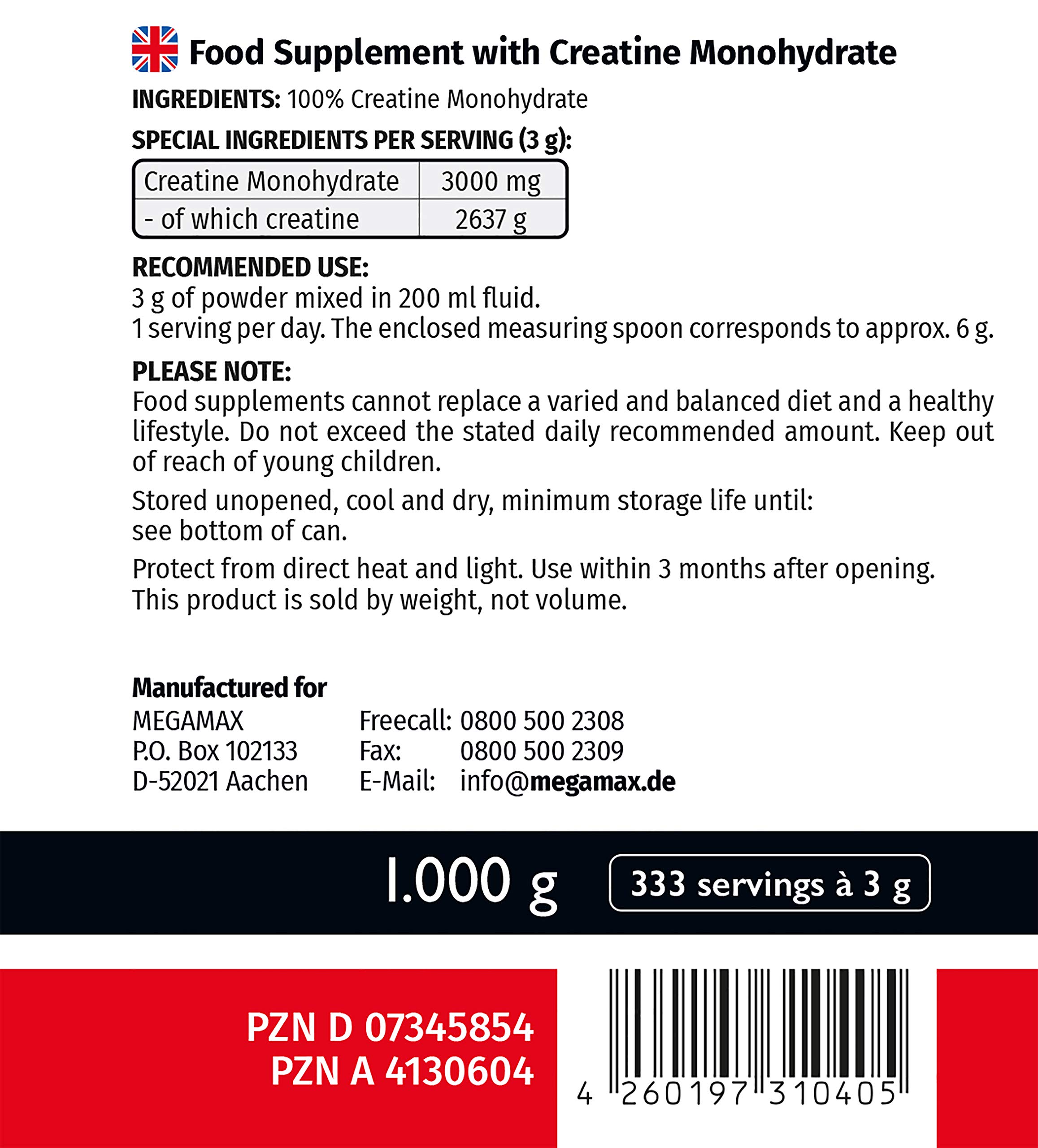 MEGAMAX Kreatin Pulver 1000 g -hochdosiert reines Creatin Monohydrat Creapure (Creapure, 1000 g)