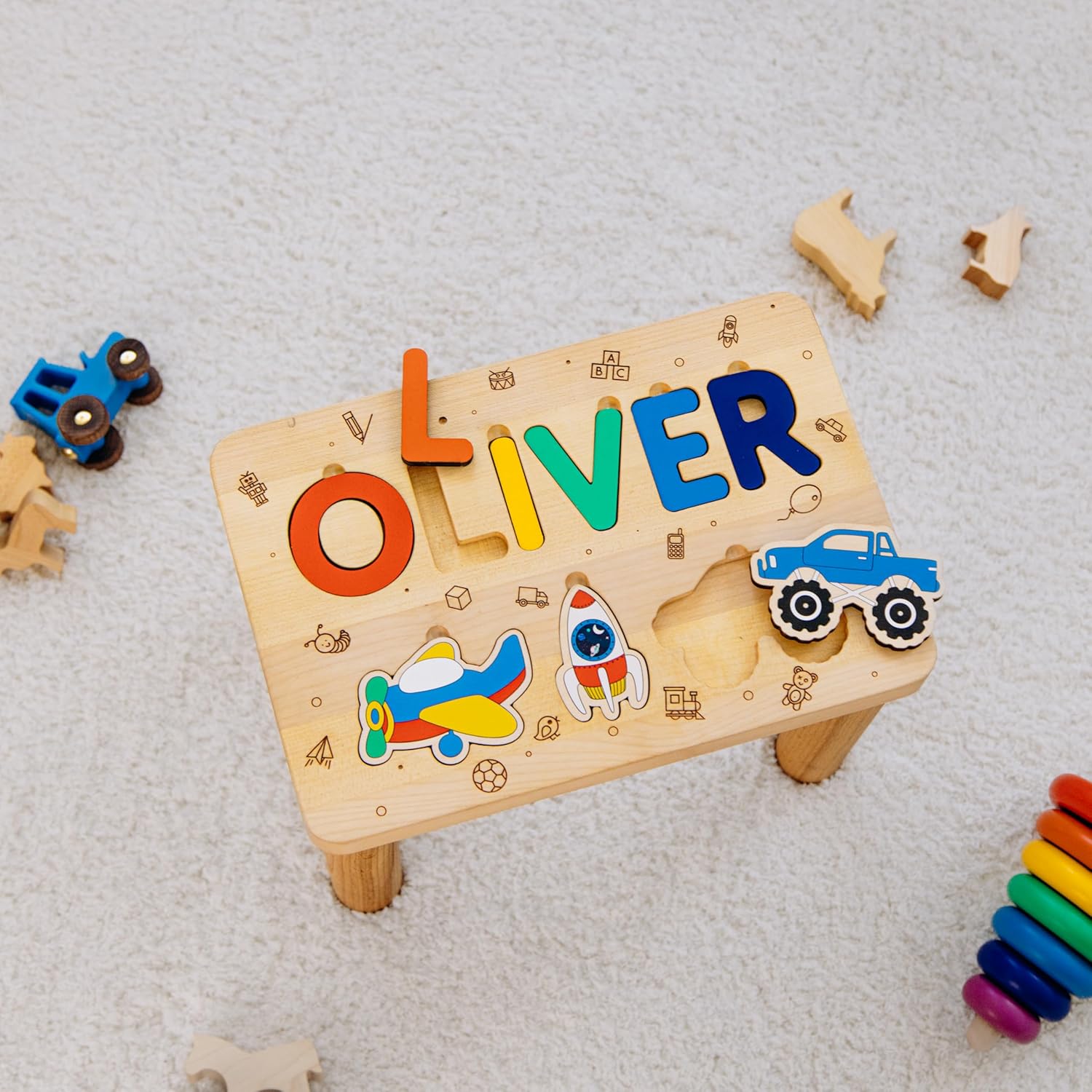 Toddler Step Stool, Personalized Name Puzzle Stool, 1 2 Year Old Gift Baby Boy, Birthday Gift, Wooden Toddler Chair, Baptism Boy and Girl, First Christmas Nursery Decor (Rainbow)