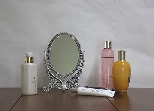 Miniatura 6 de SEHAMANO - Espejo de mesa de maquillaje con patrón de rosas antiguas en relieve, espejo decorativo ovalado, espejo de doble cara con marco de metal