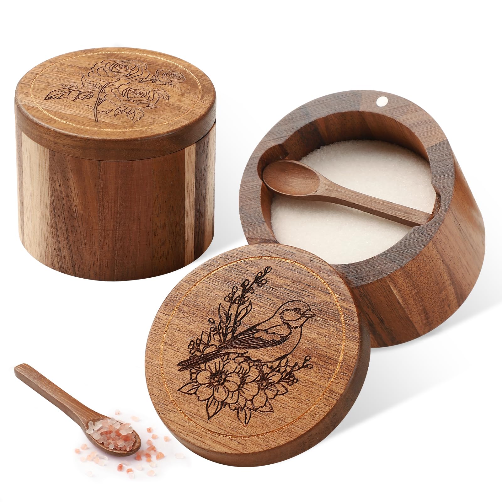 Cuenco de madera de acacia Timtopno con grabado de rosas para condimentos