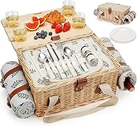 HappyPicnic Wicker Picnic Basket for 4: Handmade Set with Folding Table, Waterproof Blanket, Insulated Cooler, Wine Bag & 27pc Tableware