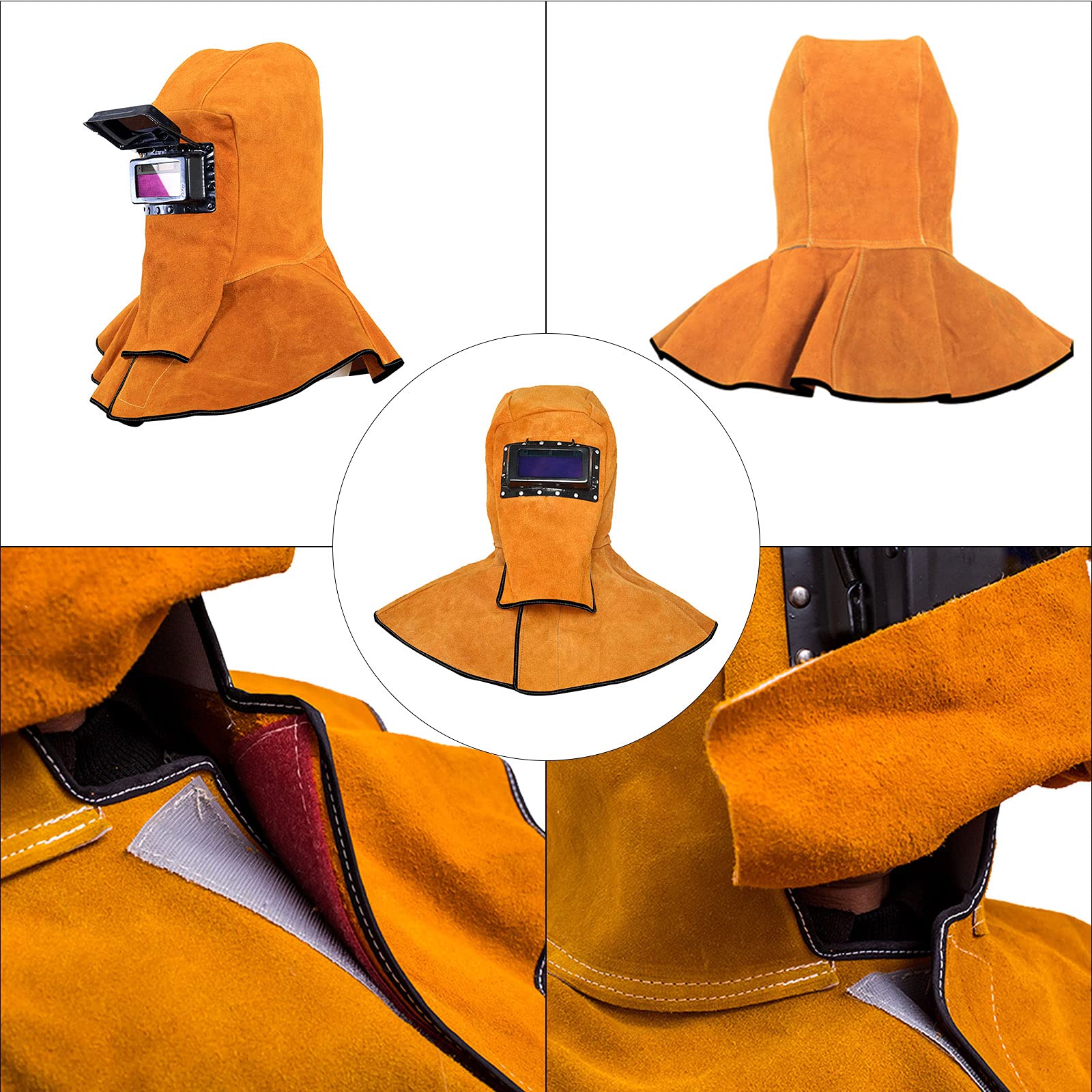 CDIYTOOL Capuche en cuir de vachette, casque de soudure avec filtre à obscurcissement automatique solaire, masque de soudure en cuir de vachette avec protection pour le cou et les épaules