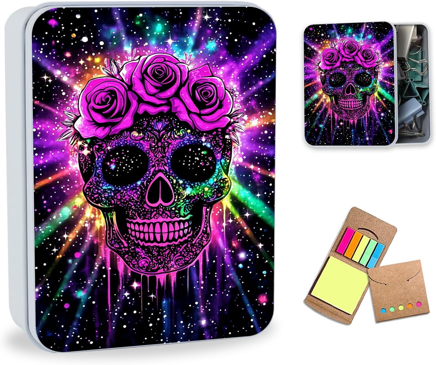 Metal Rectangular Storage Containers Box with Lid, Large Metal Tins Organizer Box for Earring Jewelry Craft Trinket Keys, Glowing Skull Decorative Storage Case with Notepad