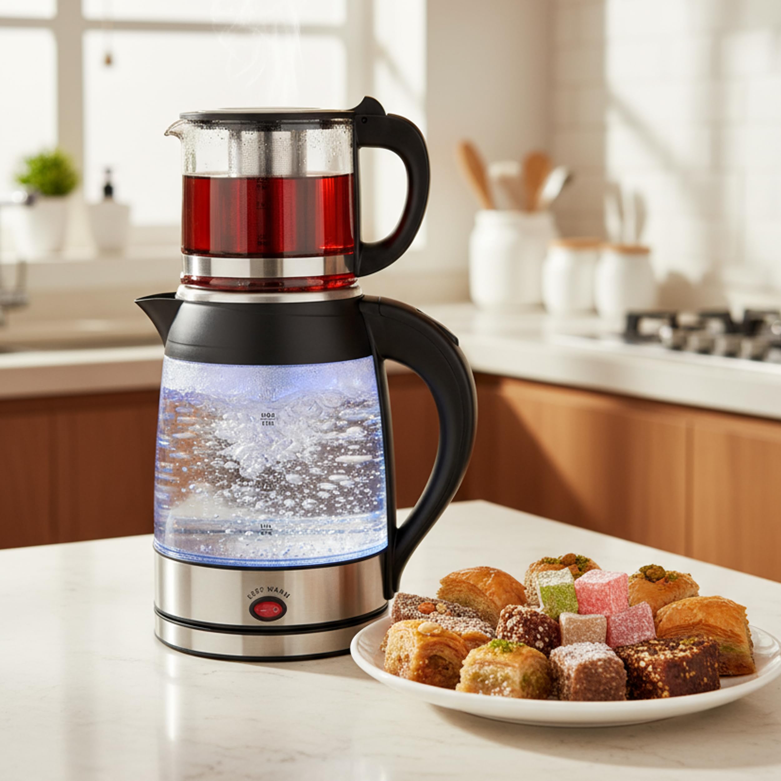 Siberg Set di bollitore da tè 3 in 1 – Macchina da tè turca con bollitore da 1,8 l, caraffa in vetro da 800 ml, potenza 2200 W, funzione di mantenimento al caldo, senza BPA