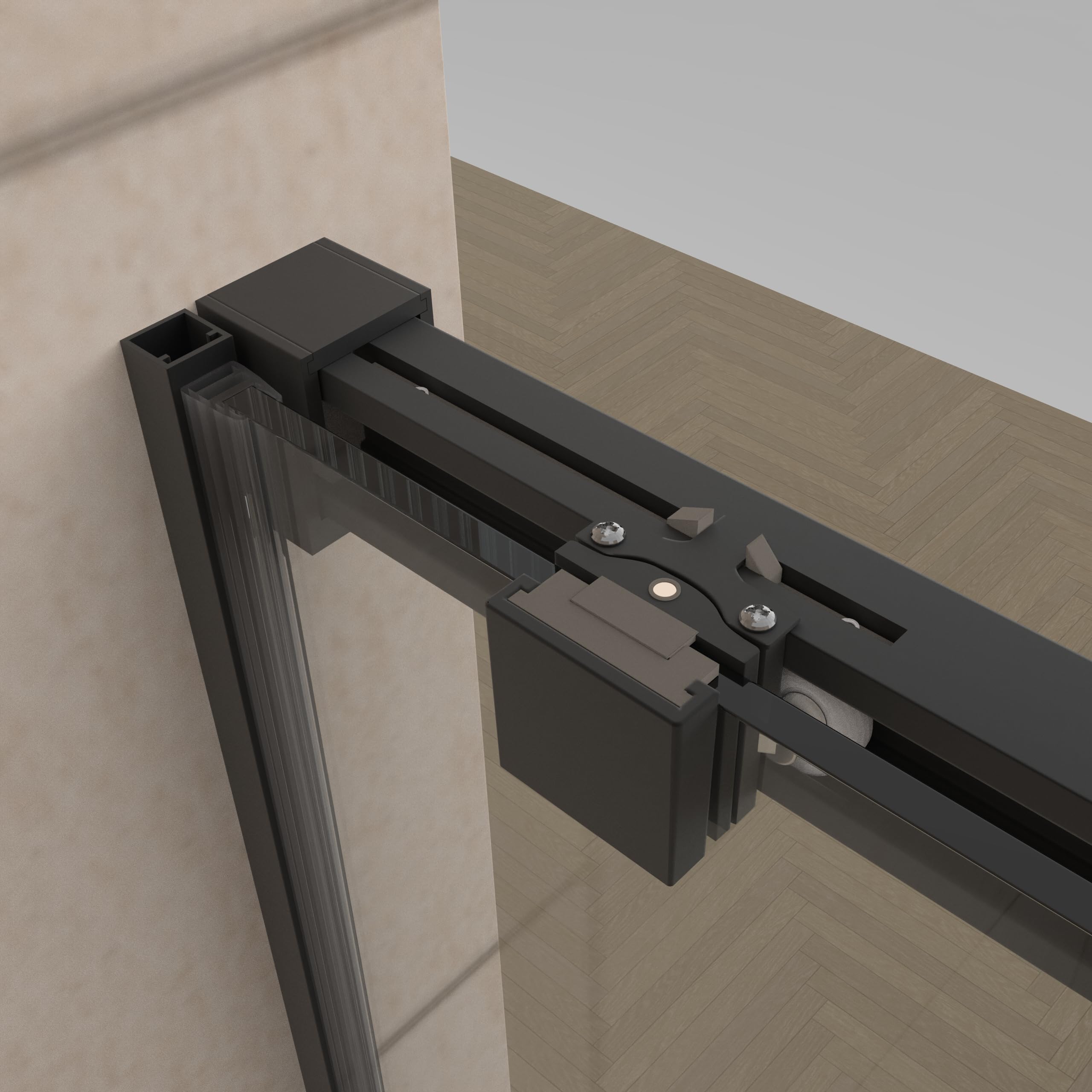 Mampara Ducha Frontal Corredera Lux Fijo+Puerta-Ancho 155cm-Acabado Negro Mate-200cm Alto-Cristal templado 6mm antical-Cierre Reversible con Freno