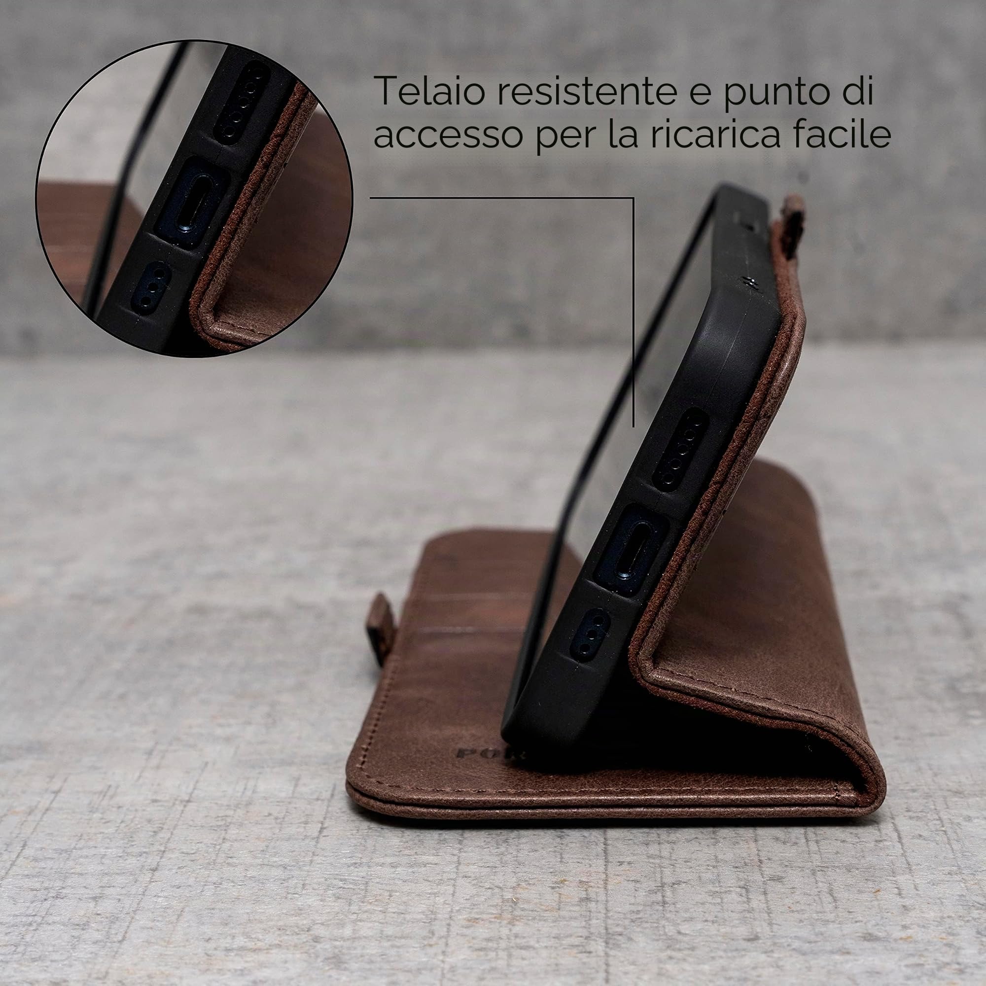 Porter Riley – pelle compatibile con iPhone 17 Pro Max. premium in vera pelle con funzione supporto/portafoglio/copertura pieghevole, con slot per carte e supporto orizzontale (Marrone cioccolato)