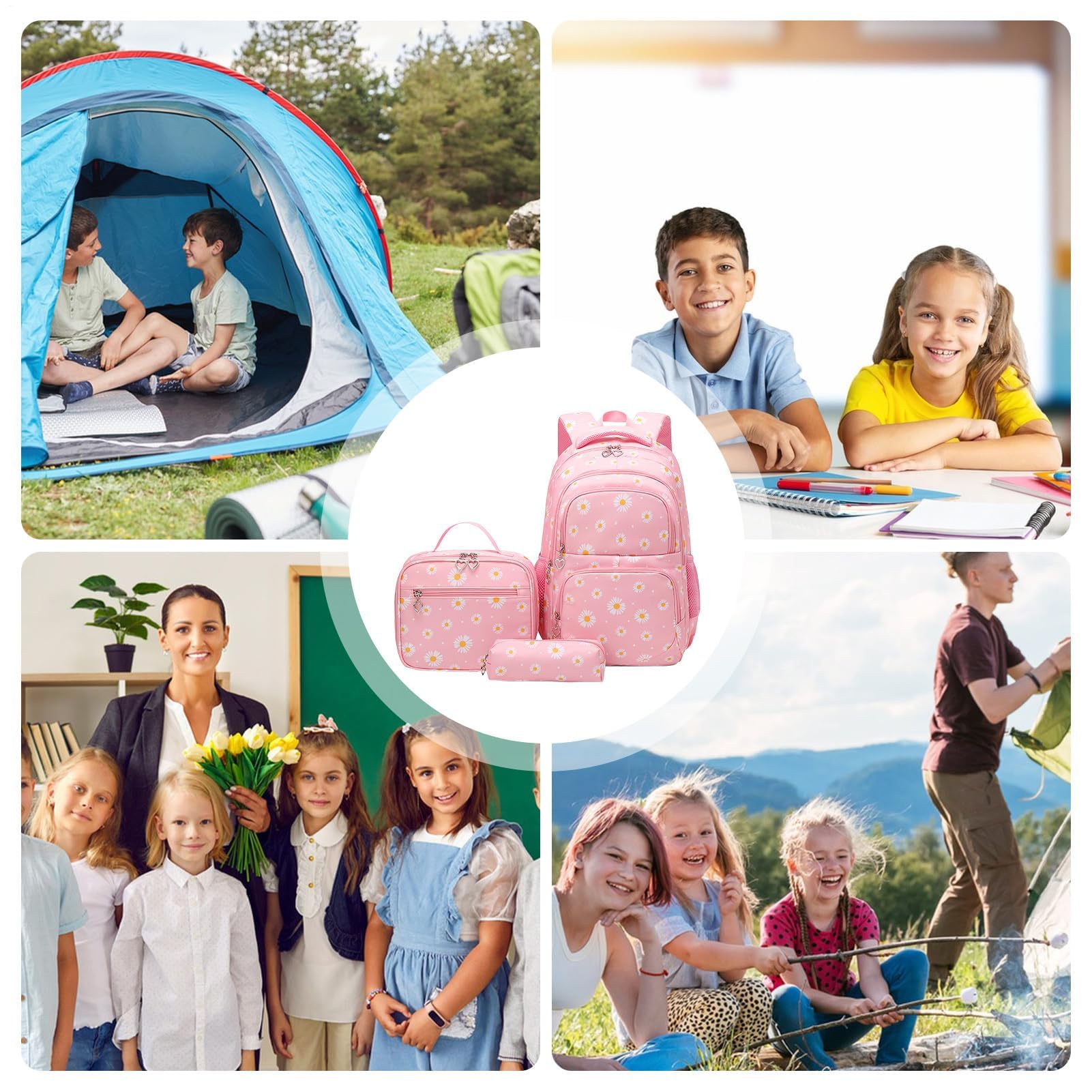 Set di zaino per studenti, graziosa borsa per libri scolastici per viaggi e studio, tessuto in poliestere leggero, multi-tasca, cuciture rinforzate, include borsa per il pranzo per l'uso quotidiano