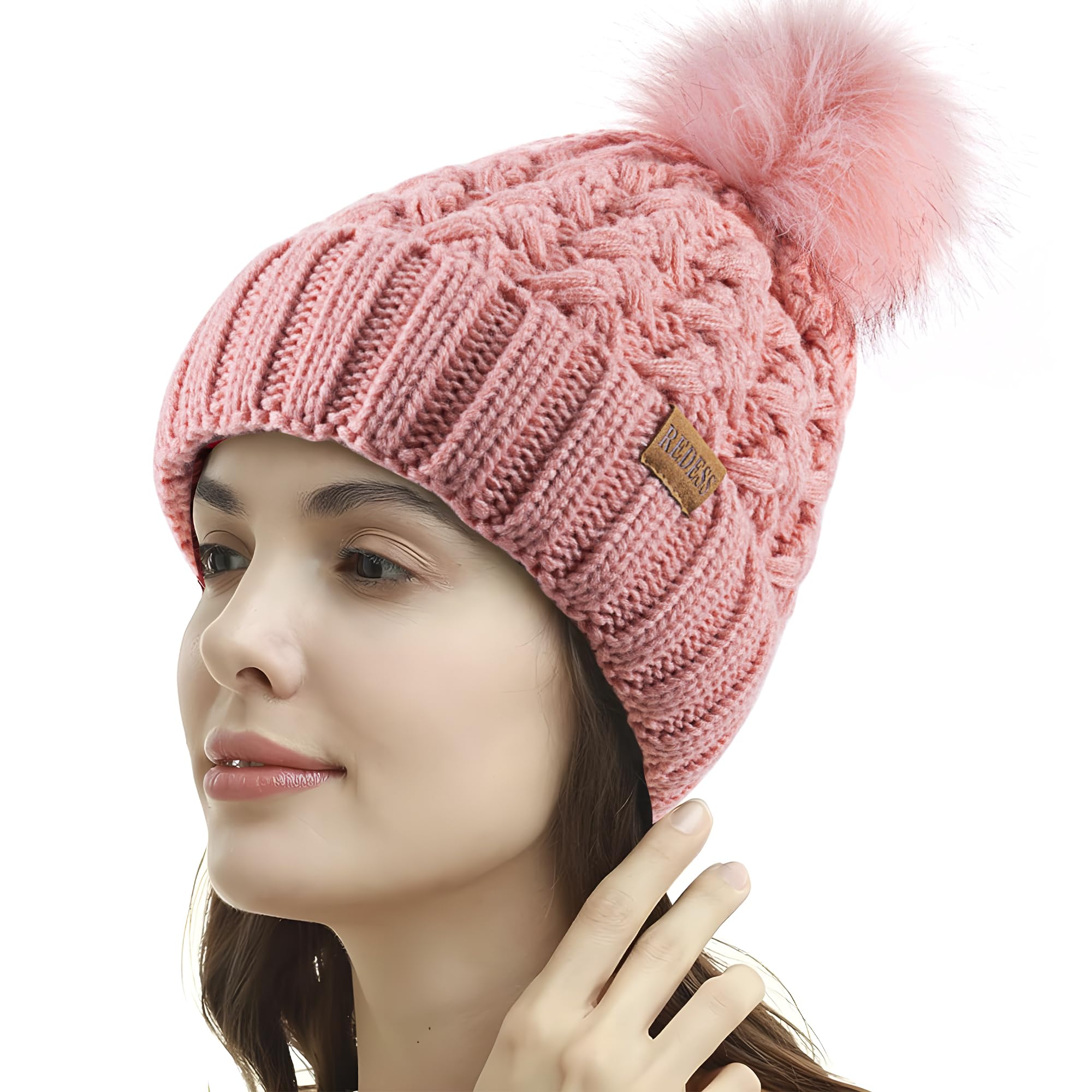 REDESS Cappello Invernale da Donna con Pompon con Pompon Cappelli Caldi Foderati in Pile, Berretto Incrociato in Maglia di Neve Spessa e Morbida per Le Signore