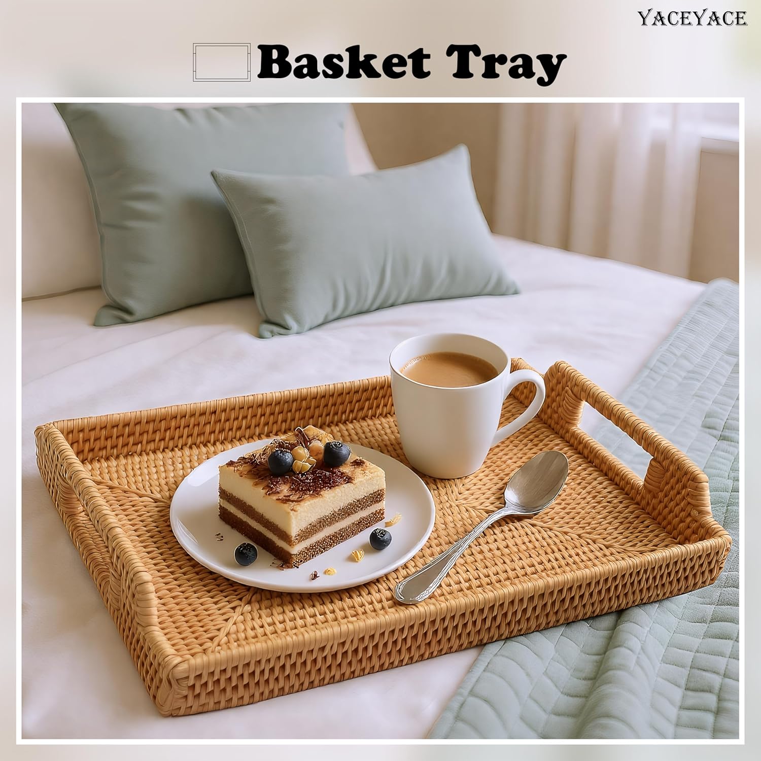 Rattan Tray, YACEYACE Woven Tray with Handles Bulk, Rectangular Small Rattan Serving Trays for Home, Ottoman, Coffee Table, 13.3" H x 9.4" L x 1.6" W - Image 5