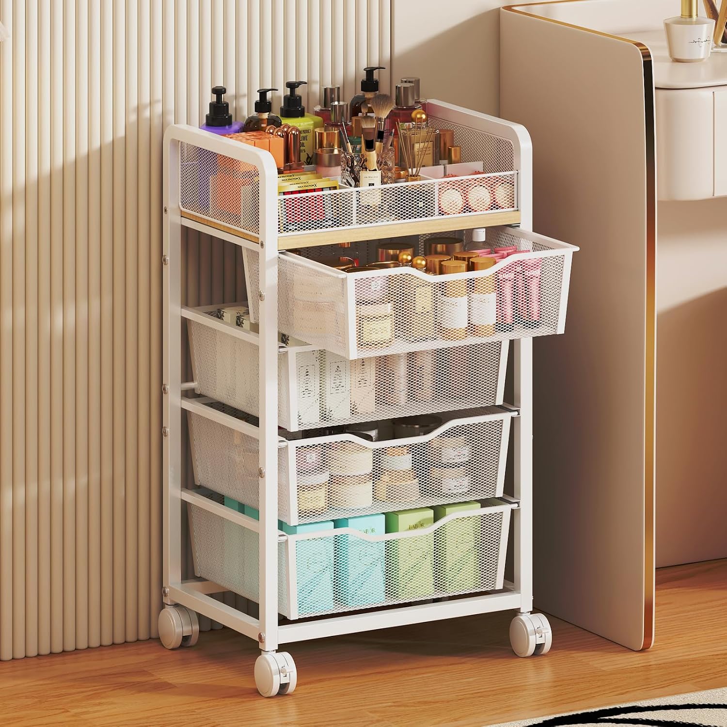 Sbanmao Makeup Organizer Cart with 4 Drawers, Rolling Makeup Cart, White