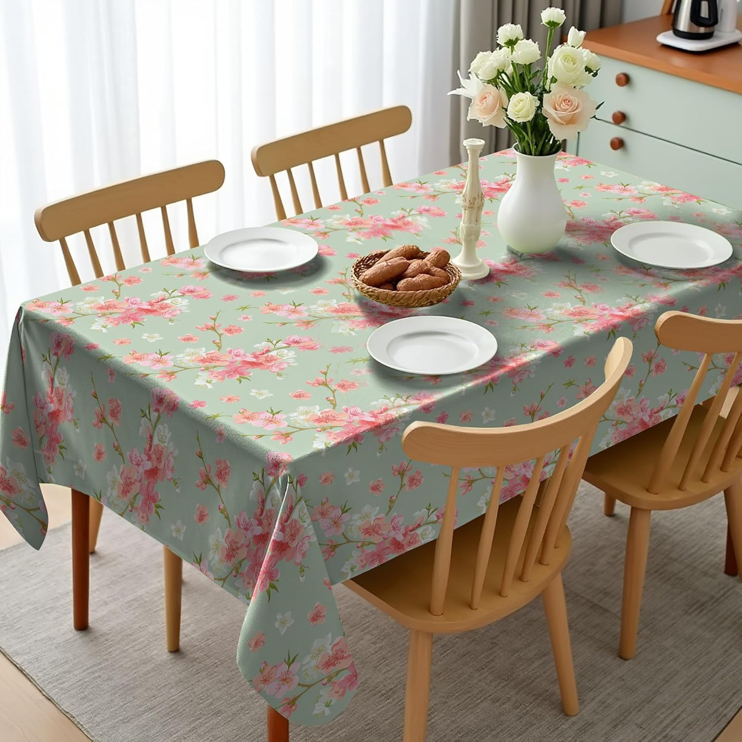 Ambesonne Shabby Chic Tablecloth, Retro Spring Blossom Flowers with French Garden Florets Garland Artisan Image, Dining Room Kitchen Rectangular Table Cover, 60" X 84", Mint Pink