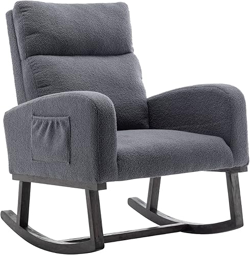 NIOIIKIT Mecedora de guardería con bolsillo lateral tapizada de peluche con respaldo alto y reposabrazos silla mecedora decorativa para sala de