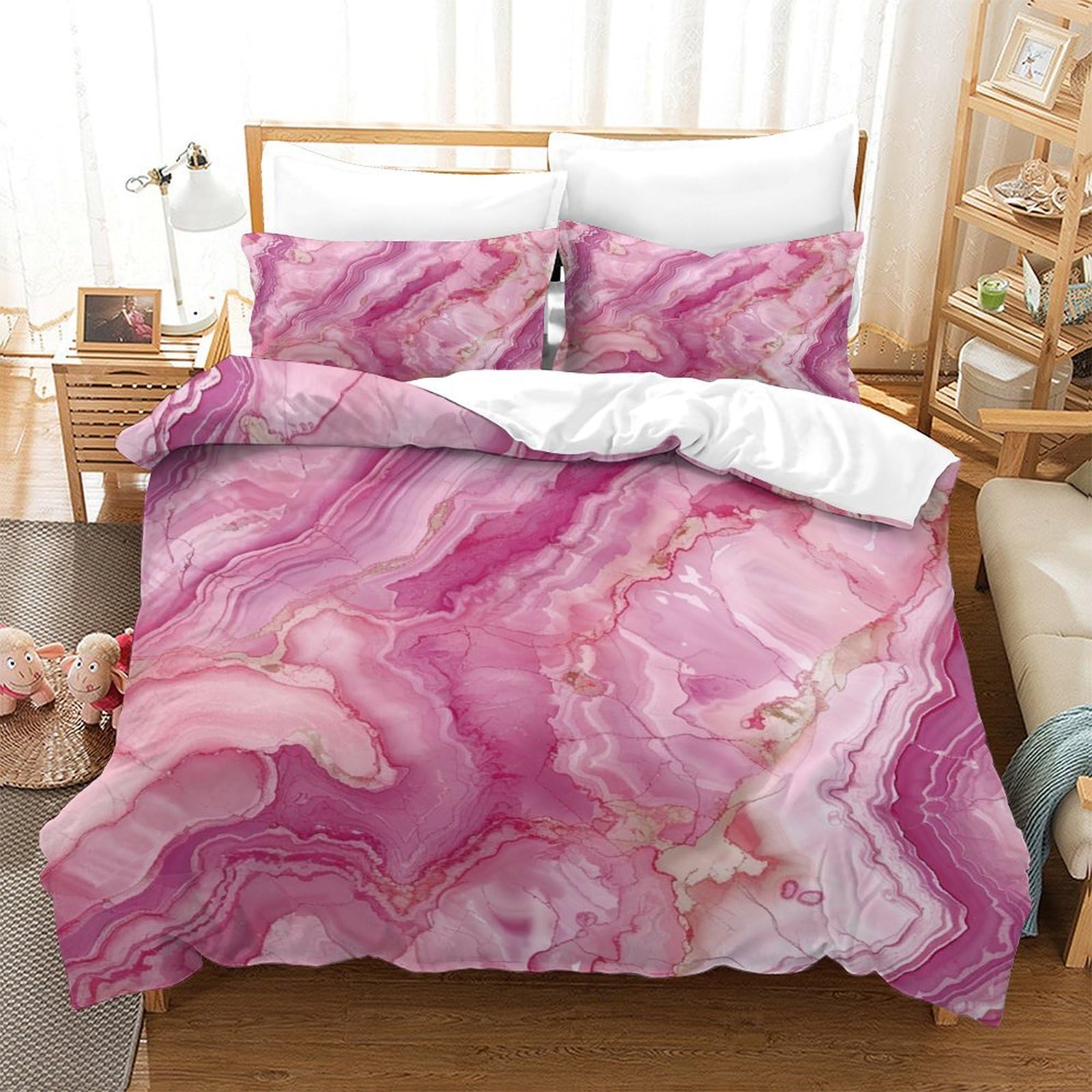 P1S9U7W5Y 3D Printed Pink Marble Pattern Duvet Cover Set 3pcs Microfiber Rose Marble Bedding Set Single（140x200cm）