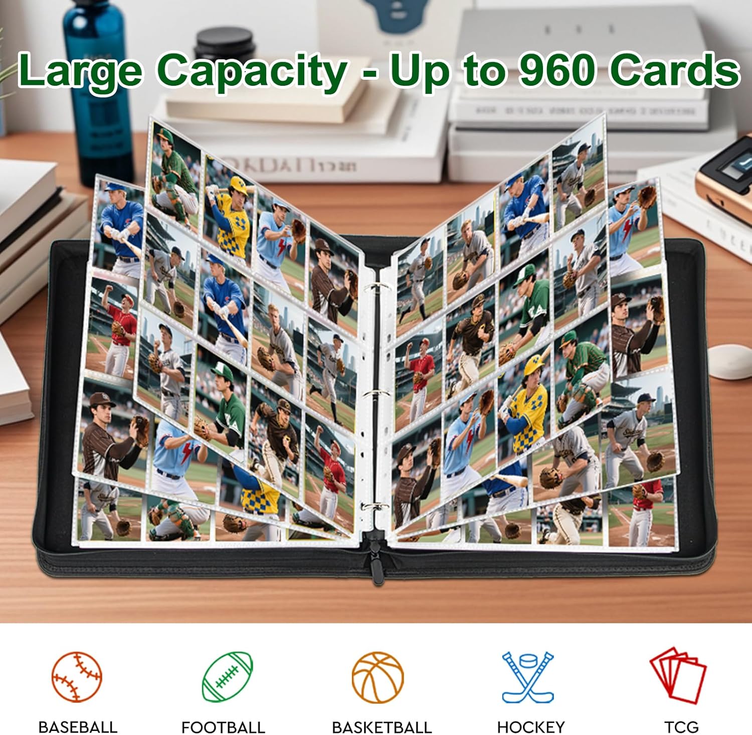 Card Binder, 12 Pocket Trading Card Binder for 960 Cards, Premium and Durable Zipper Baseball Cards Album, Card Holder Folders, Card Collector Albums for YGO/MTG/TCG, Sports Cards, Dark Green