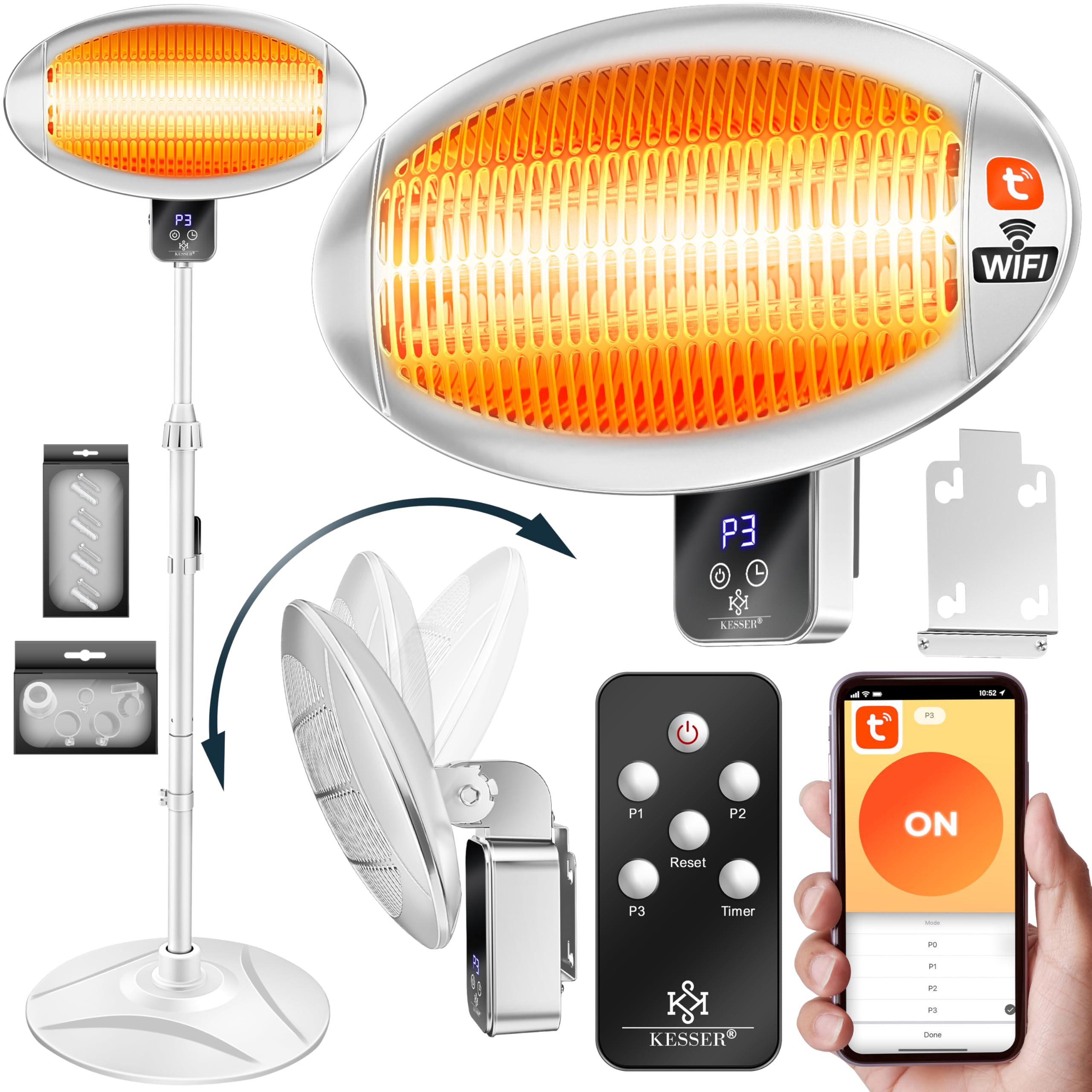 KESSER® Radiatore a Infrarossi 2000W con WIFI e Telecomando 360° Girevole, IPX4