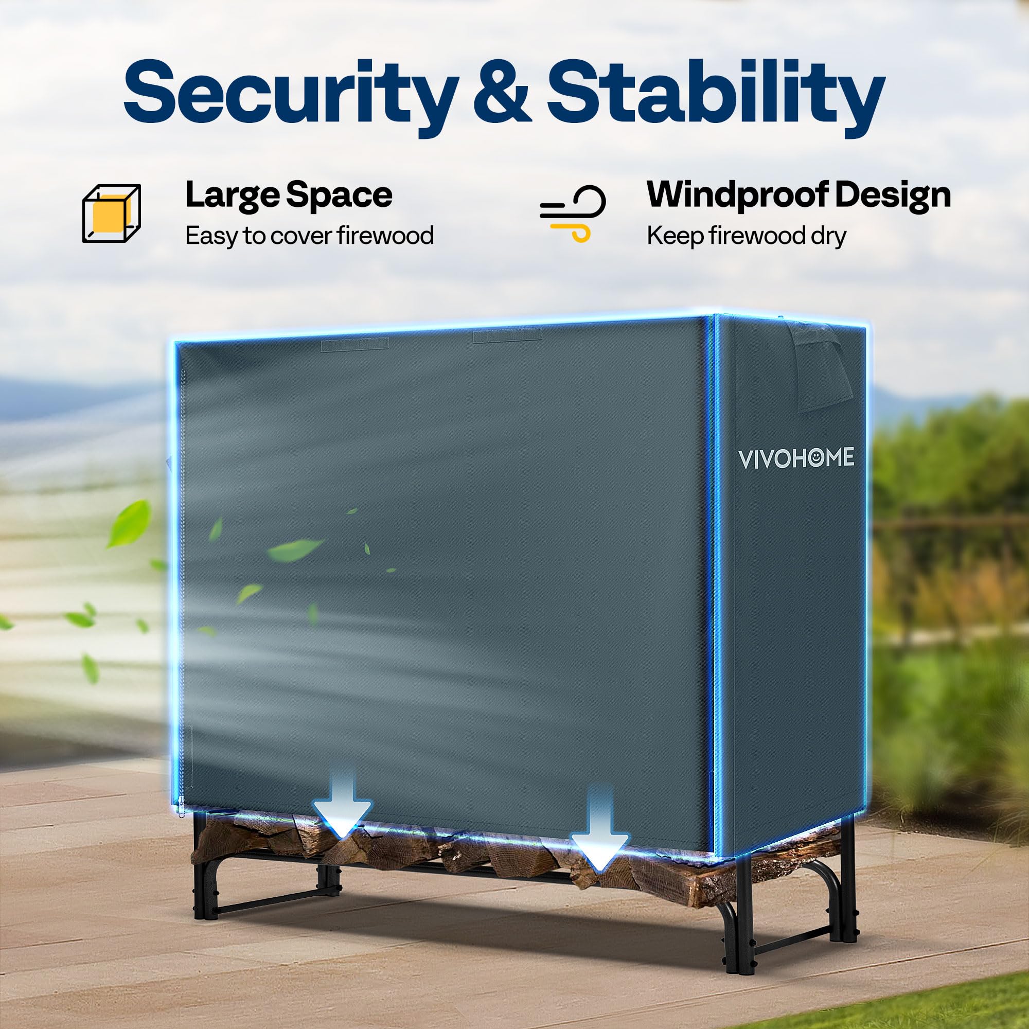 VIVOHOME Wodoodporna osłona na drewno opałowe, wytrzymały pokrowiec do przechowywania drewna opałowego 600D Oxford z zamkiem błyskawicznym i taśmą pętelkową (stojak na drewno nie jest dołączony) (1,5