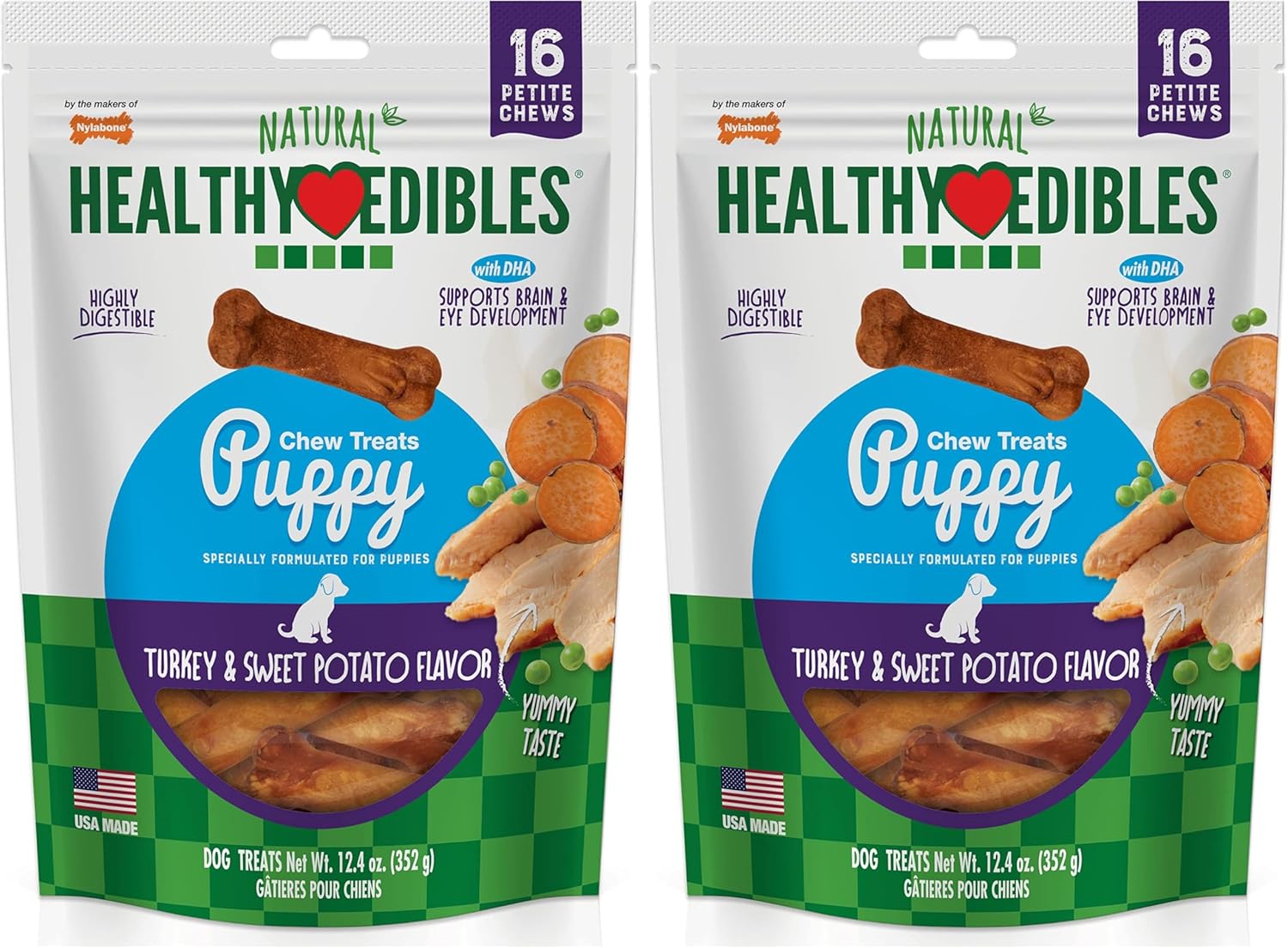 Nylabone Healthy Edibles Natural Puppy Chews Long Lasting Treats for Puppies,Turkey & Sweet Potato Flavor,X-Small/Petite,16 Count (Pack of 2)