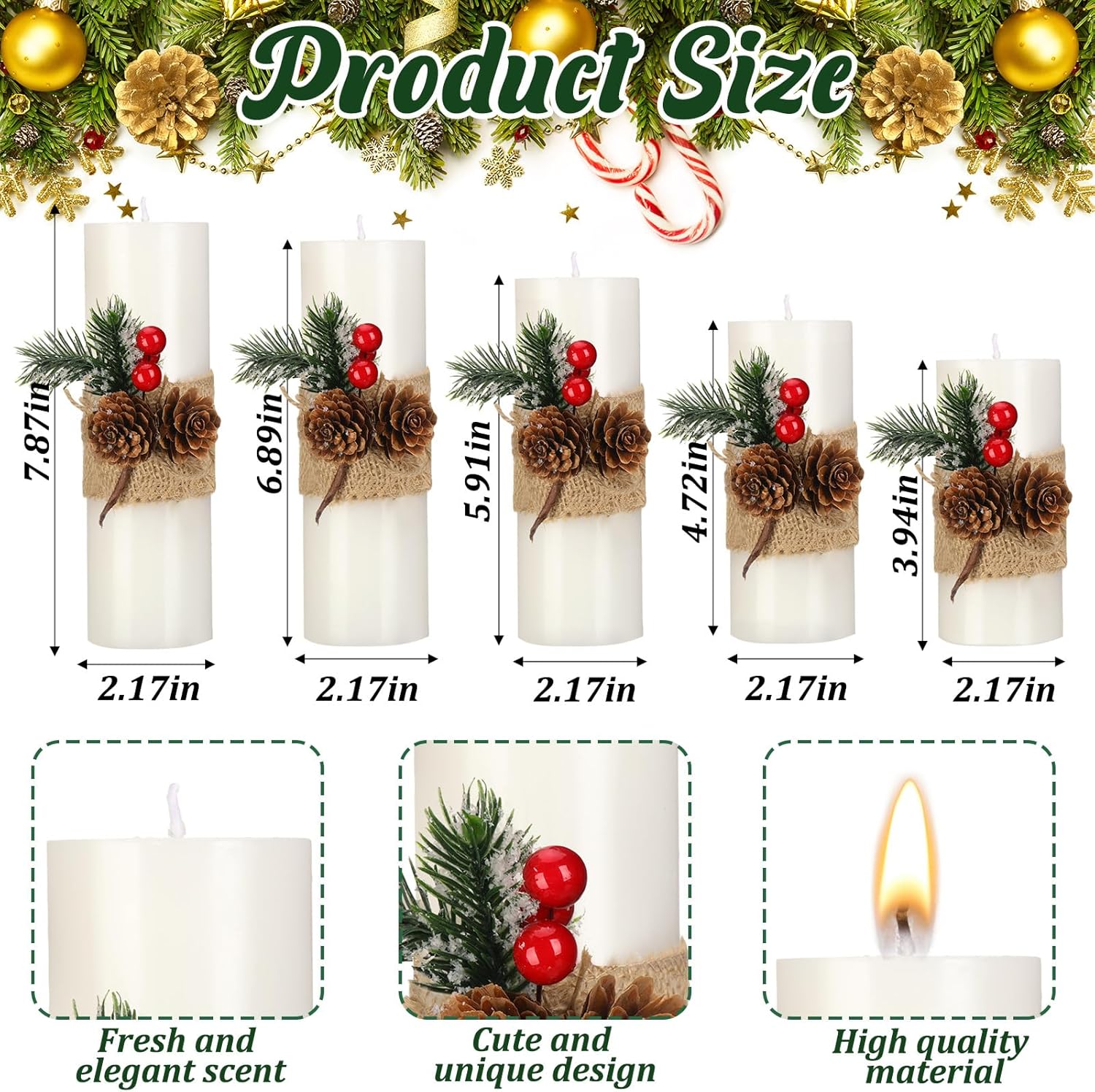 5 Pcs Christmas Pillar Candle 5 Size White Pillar Handmade Soy Wax Candles Holiday Decor Gift for Bedroom Bathroom Indoor Outdoor Home Dinner Party Decoration