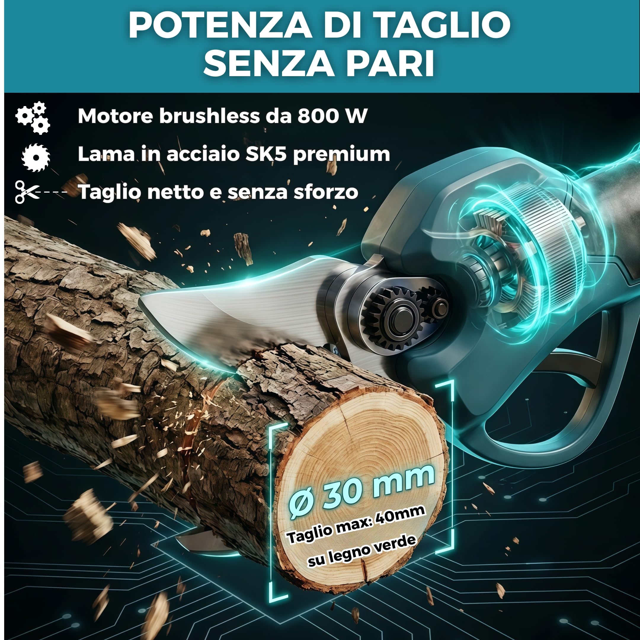 Forbici da Potatura a Batteria 21V, Motore Brushless 800W, Taglio 40mm - Lama SK5, 2 Batterie 2.0Ah Incluse, Display LCD - per Ulivo, Vite e Frutteto - BLADE PRO