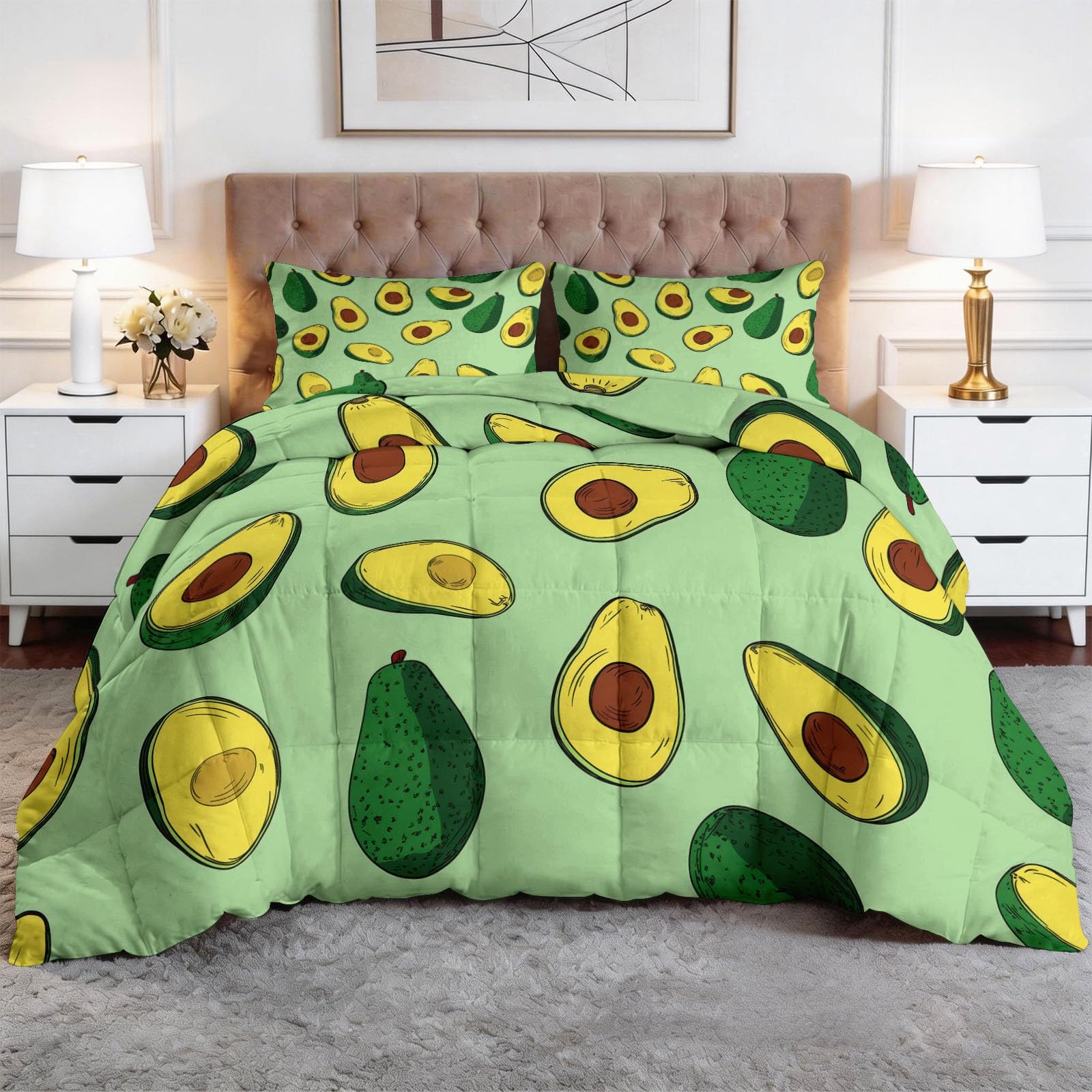 Couette 240x260 cm 4 saisons avec 2 taies d'oreiller motif avocat