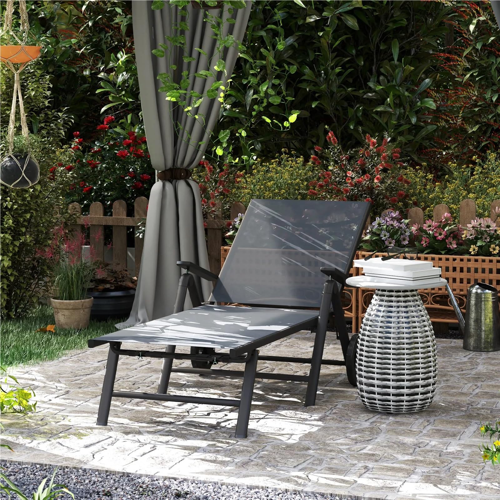 Chaise longue pliante avec roulettes bain de soleil de jardin inclinable en métal